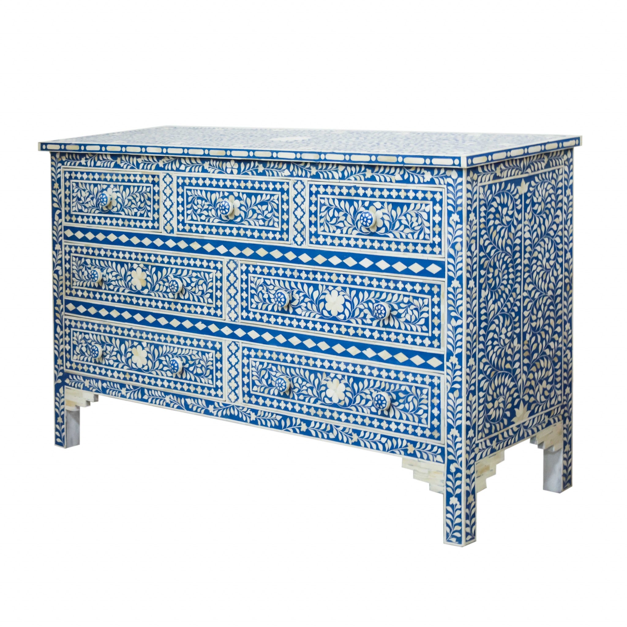 19" X 55" X 35" Blue Bone Resin Mdf Birchwood Ply Chest 7 Drawers
