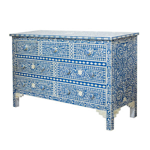 19" X 55" X 35" Blue Bone Resin Mdf Birchwood Ply Chest 7 Drawers