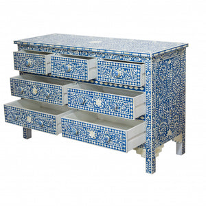 19" X 55" X 35" Blue Bone Resin Mdf Birchwood Ply Chest 7 Drawers