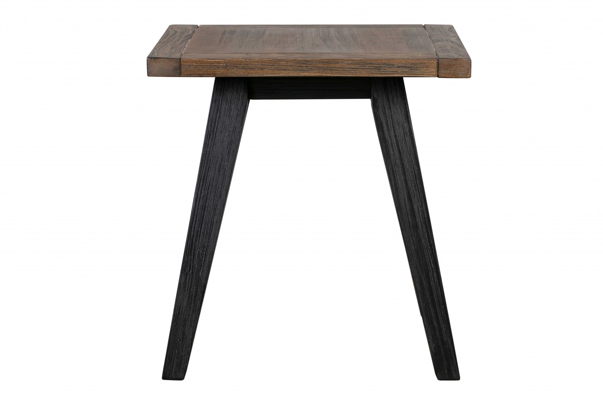 Solid Brown Pine Wood Side Table with Black-Finished Base