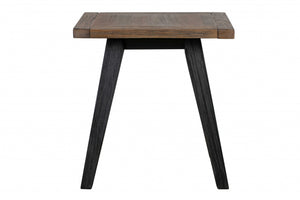 Solid Brown Pine Wood Side Table with Black-Finished Base