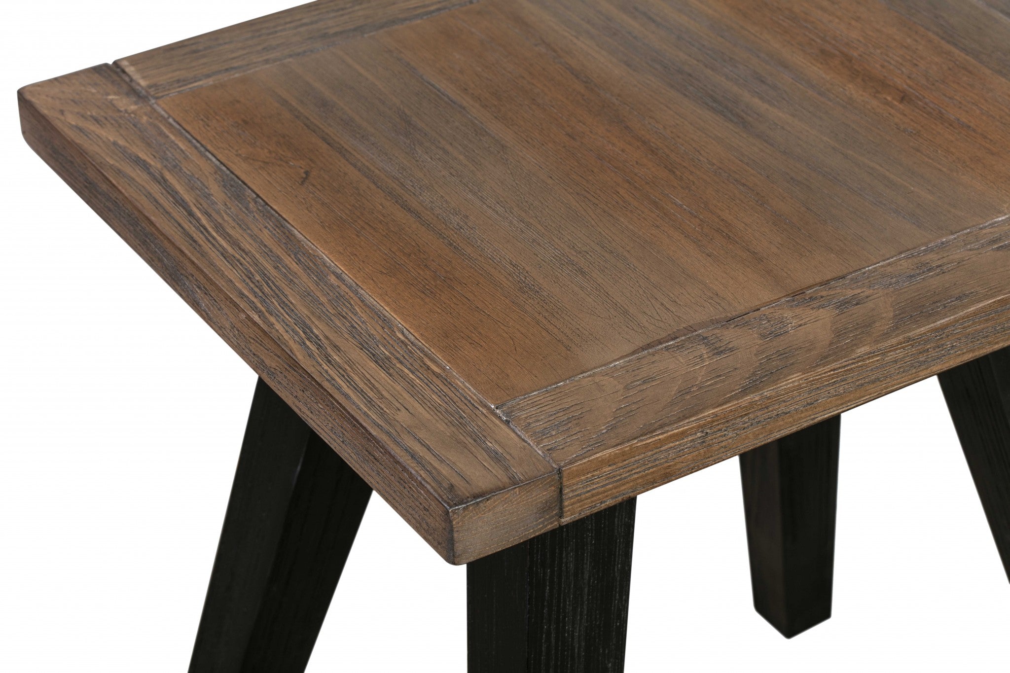 Solid Brown Pine Wood Side Table with Black-Finished Base
