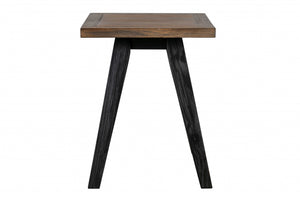 Solid Brown Pine Wood Side Table with Black-Finished Base