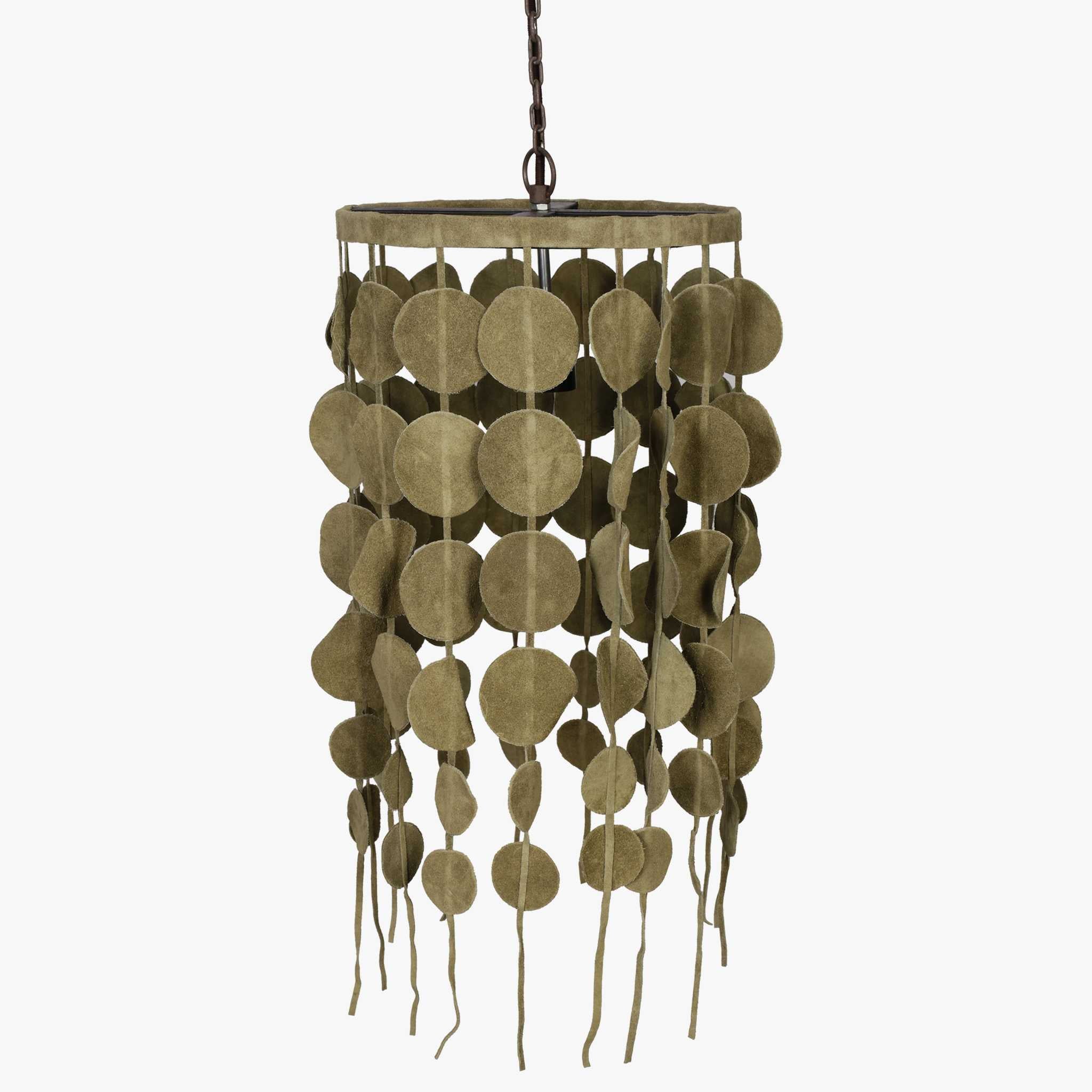 12" X 12" X 23" Olive Green Iron Leather Pendant Lamp