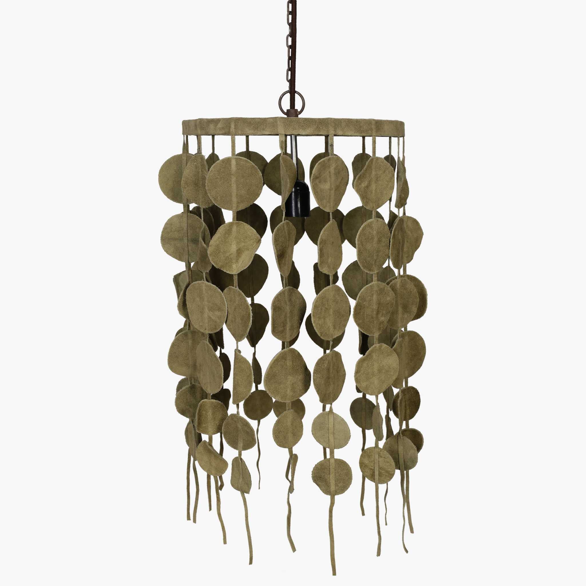 12" X 12" X 23" Olive Green Iron Leather Pendant Lamp