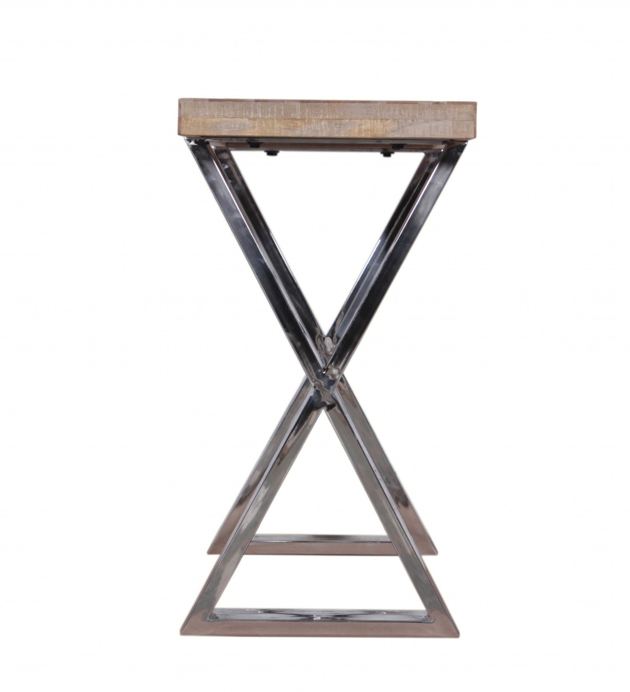 Teak Wood Top Console Table with Chrome-Finished Metal Legs