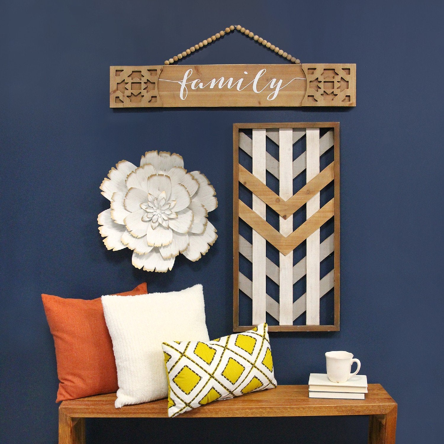 White "Family" Wood Wall Decor w/ Hanging Beads