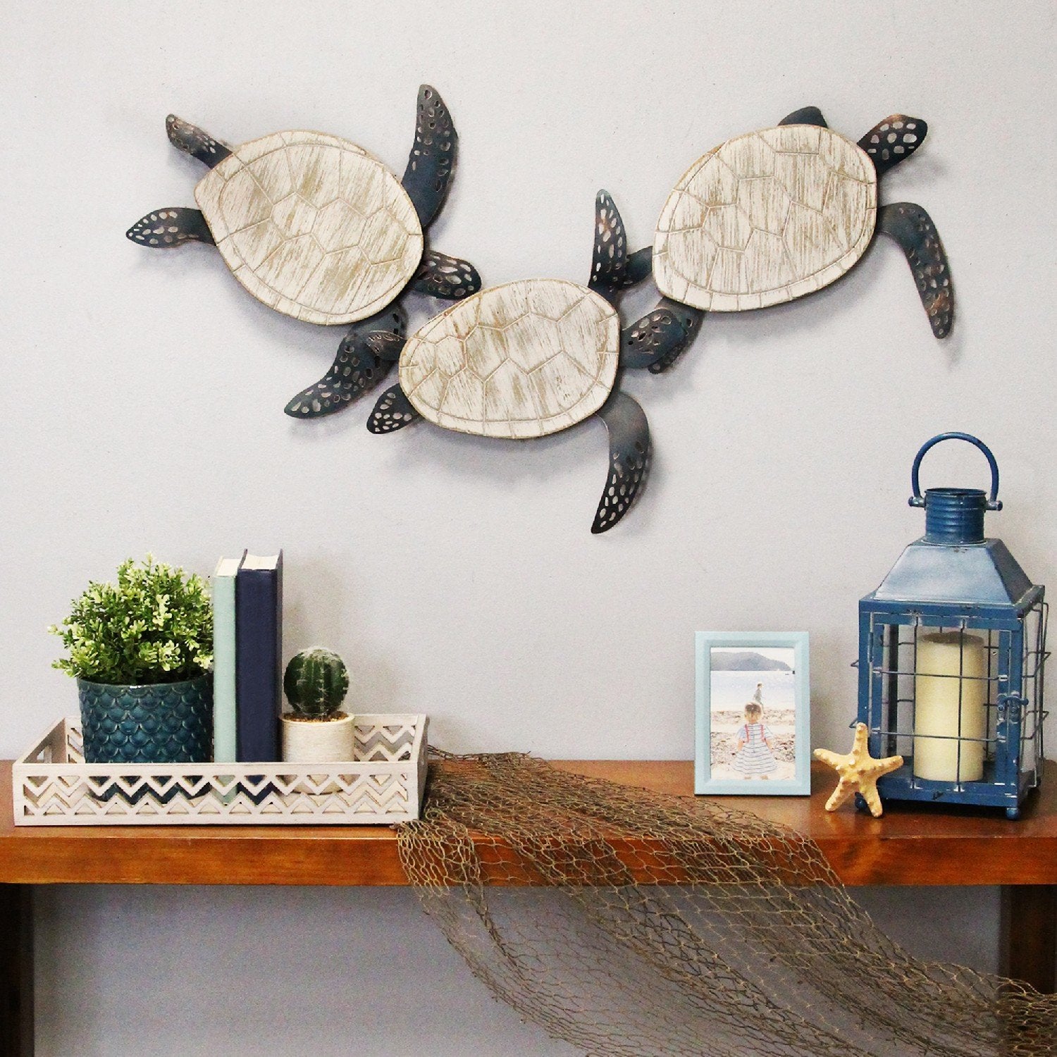 Shimmering Metal & Carved Wooden Turtle Wall Decor