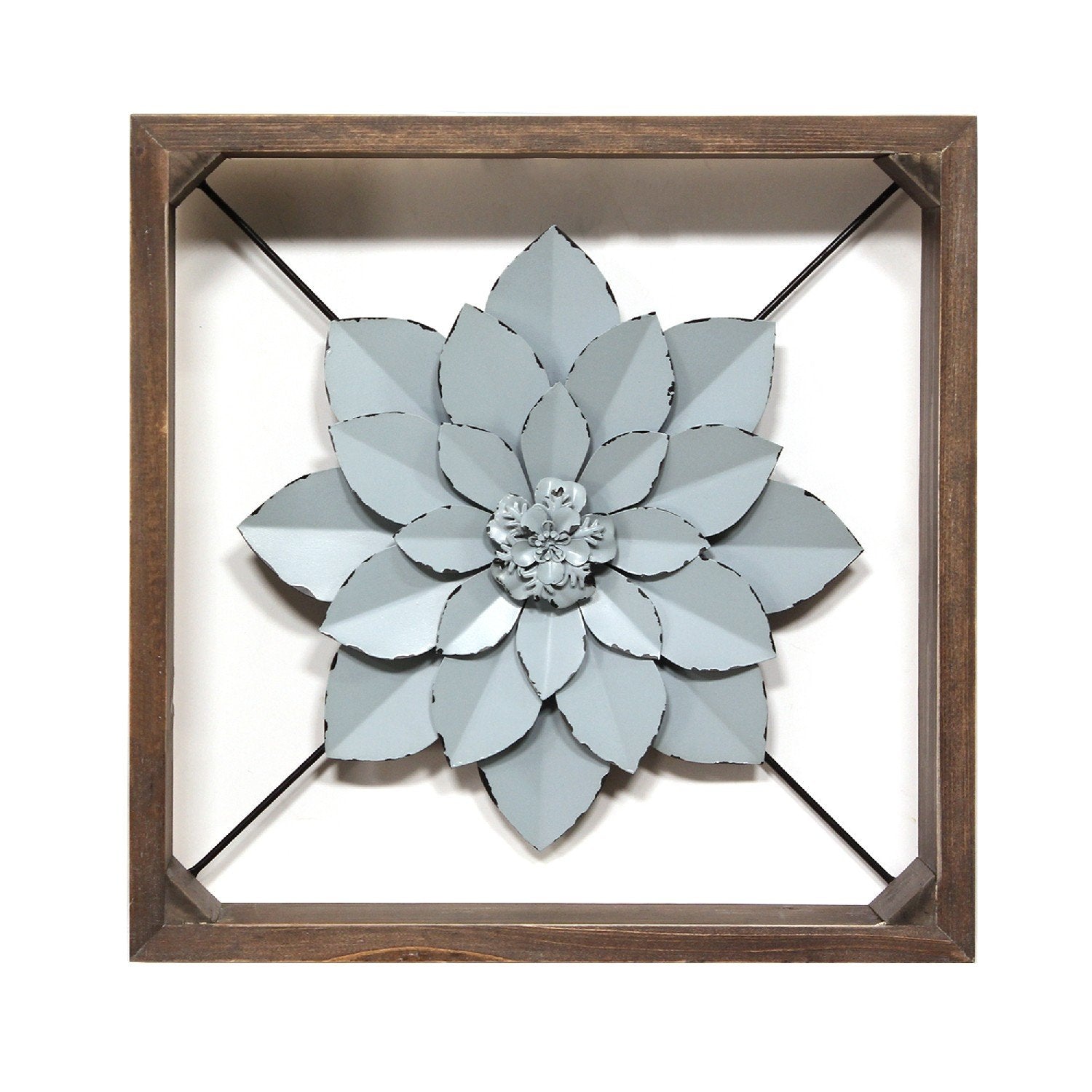 Blue Metal & Wood Framed Wall Flower