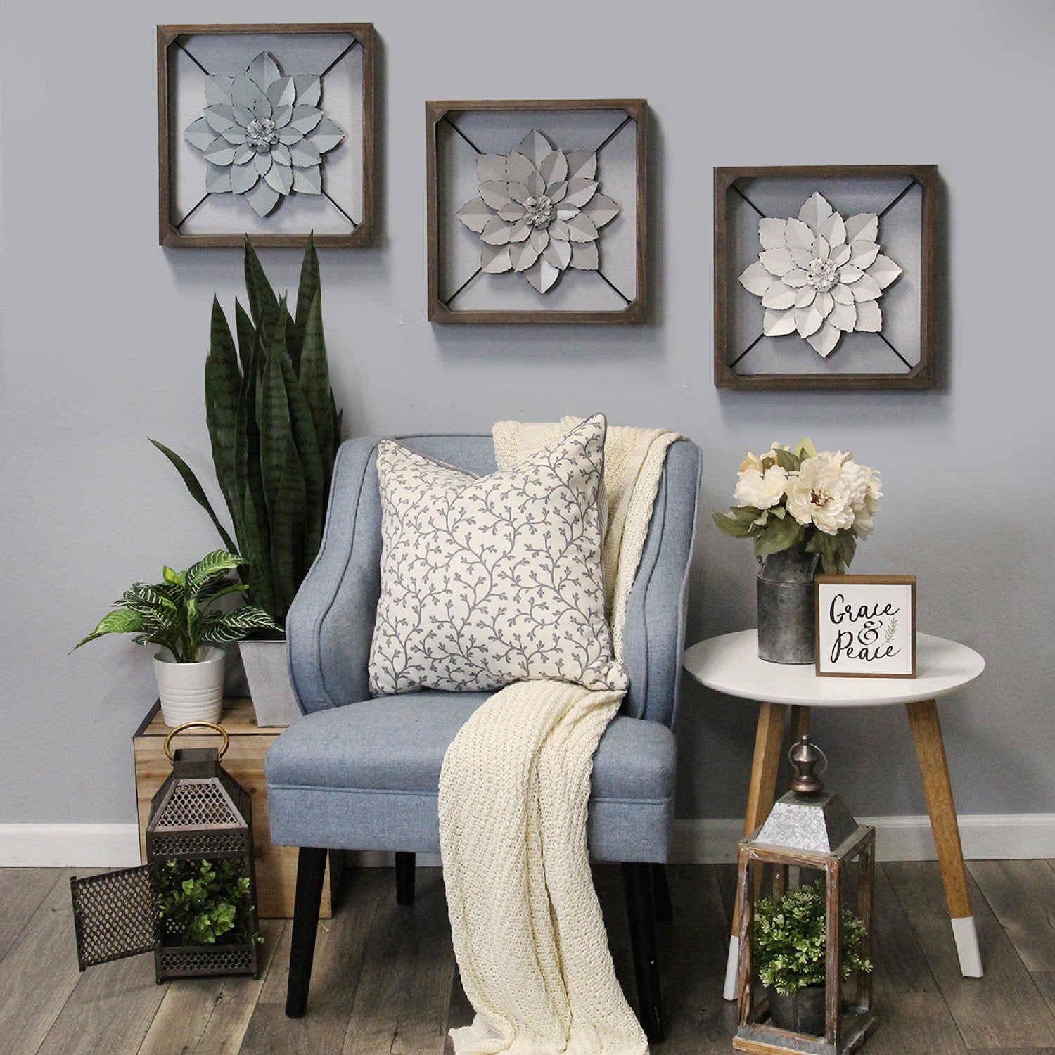 Blue Metal & Wood Framed Wall Flower