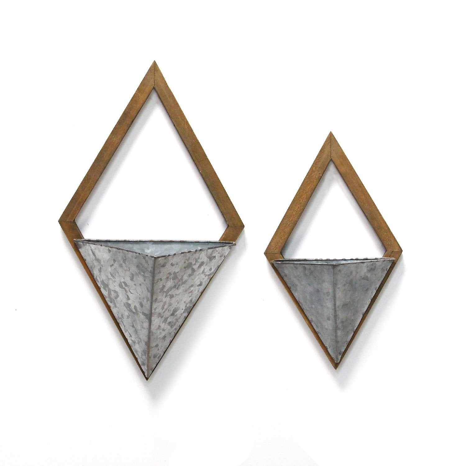 S/2 Diamond Wood & Metal Wall Planters