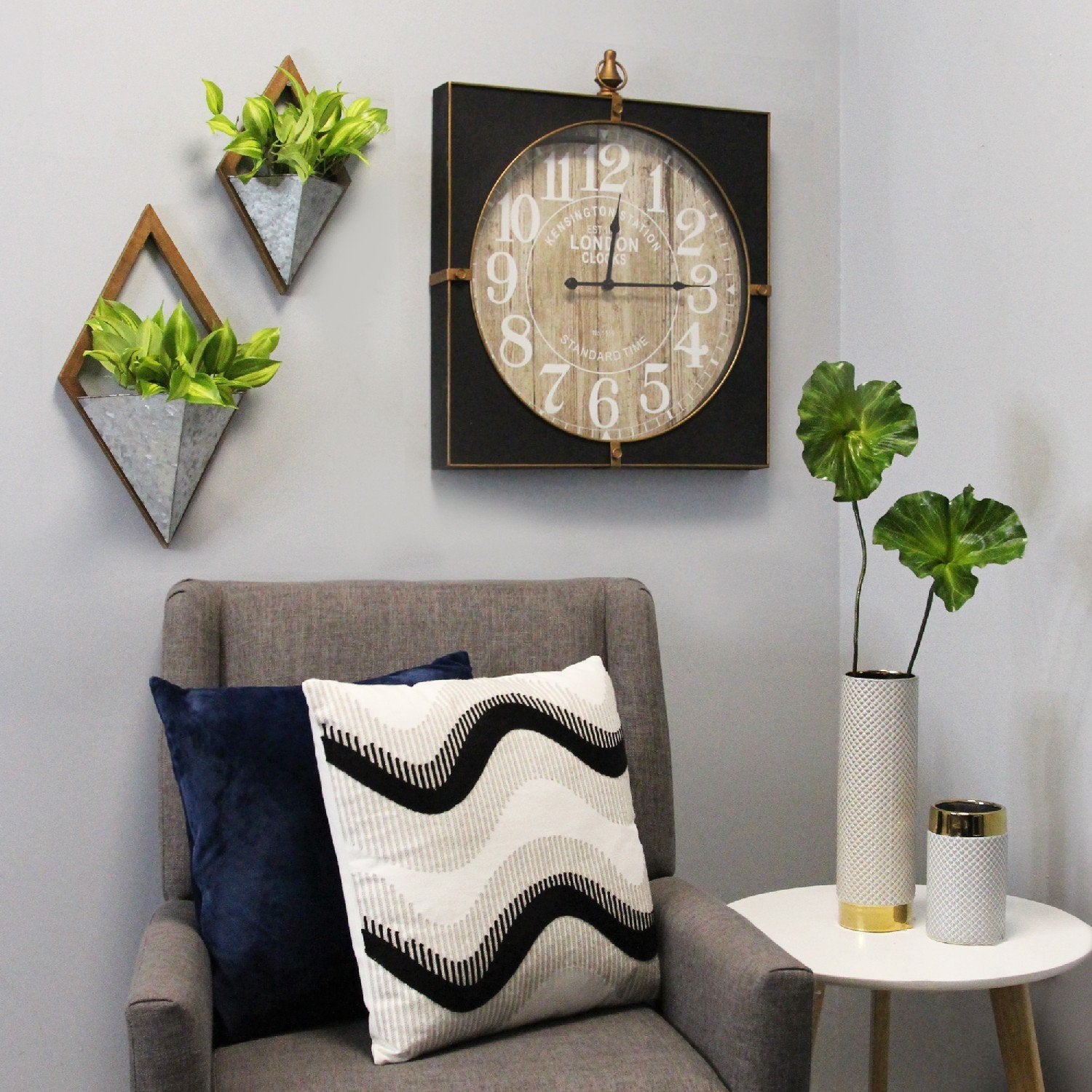 S/2 Diamond Wood & Metal Wall Planters