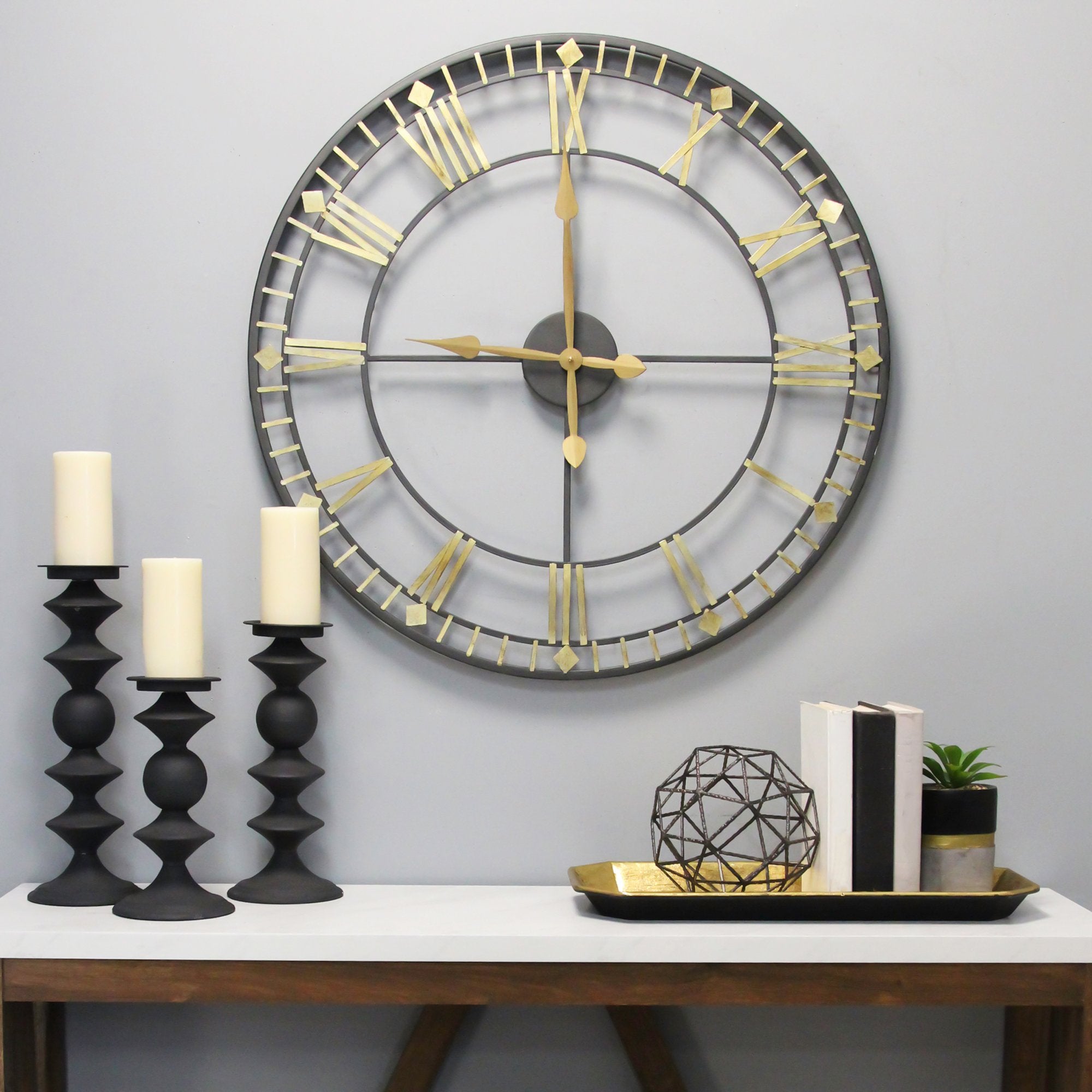 Oversized 31.5" Vintage Style Metal Wall Clock w/ Black & Gold Numerals