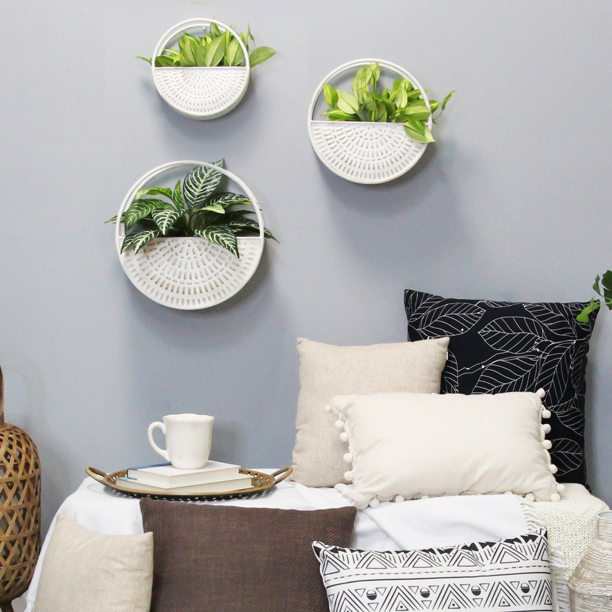 S/3 White Distressed Circle Wall Planters