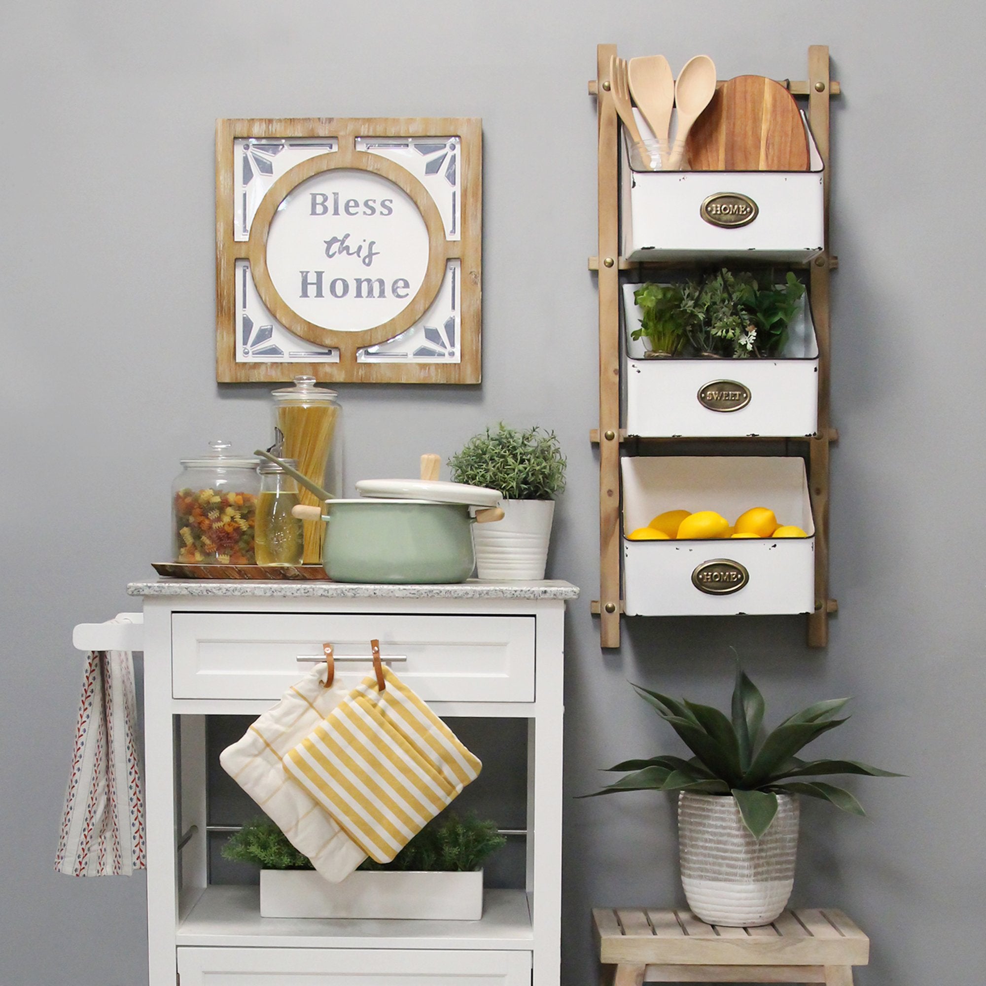 "Home Sweet Home" Wood and Metal Antique Gold Baskets