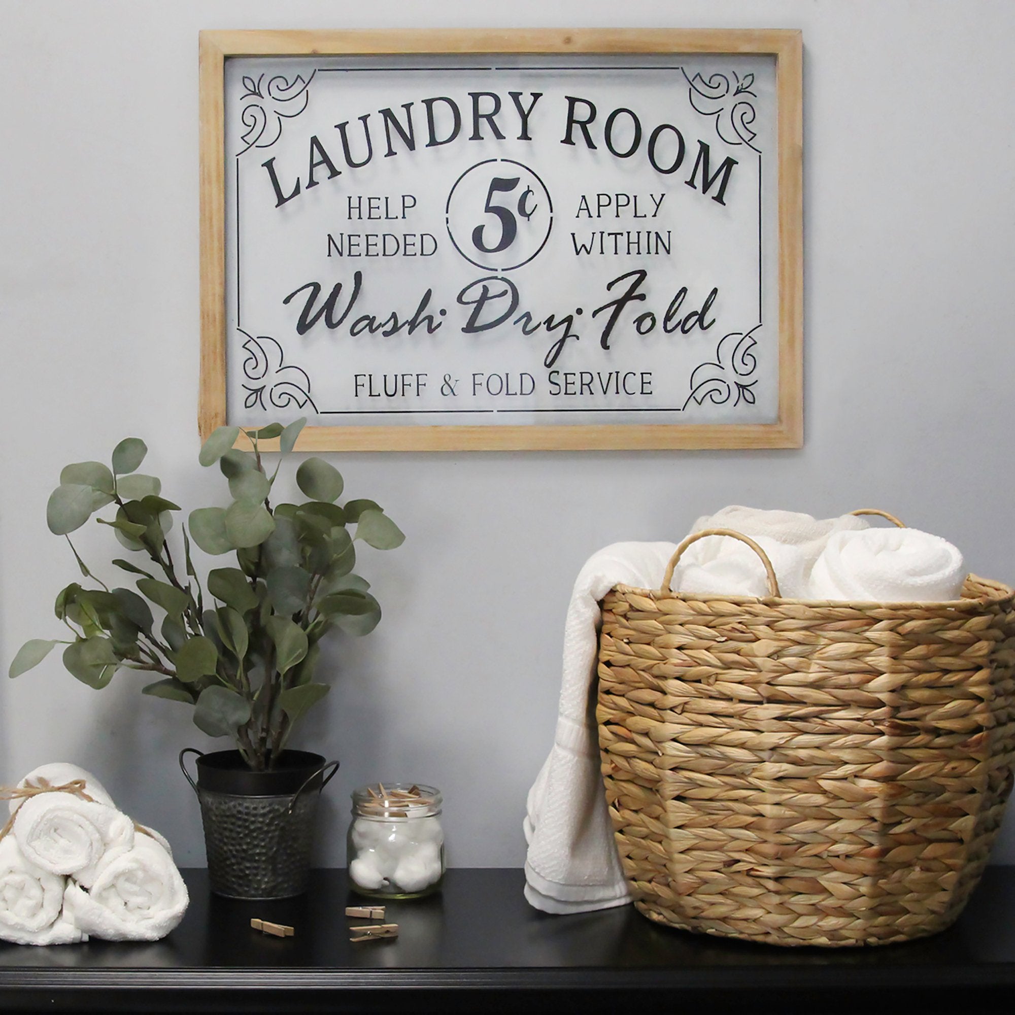 Vintage Style Laundry Room Glass and Wood Framed Wall Art