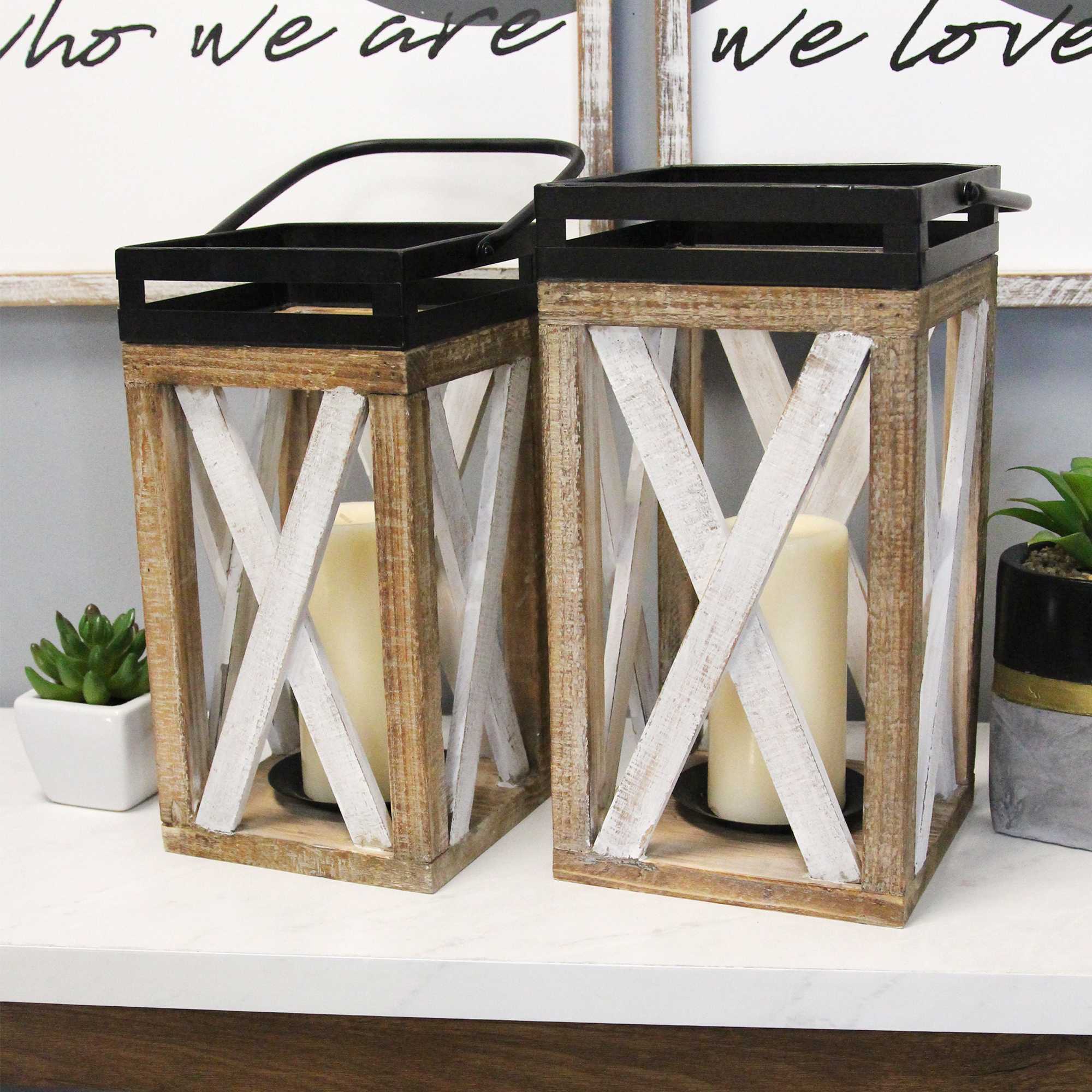 S/2 Whitewash Wood & Metal Lanterns w/ Swivel Handles
