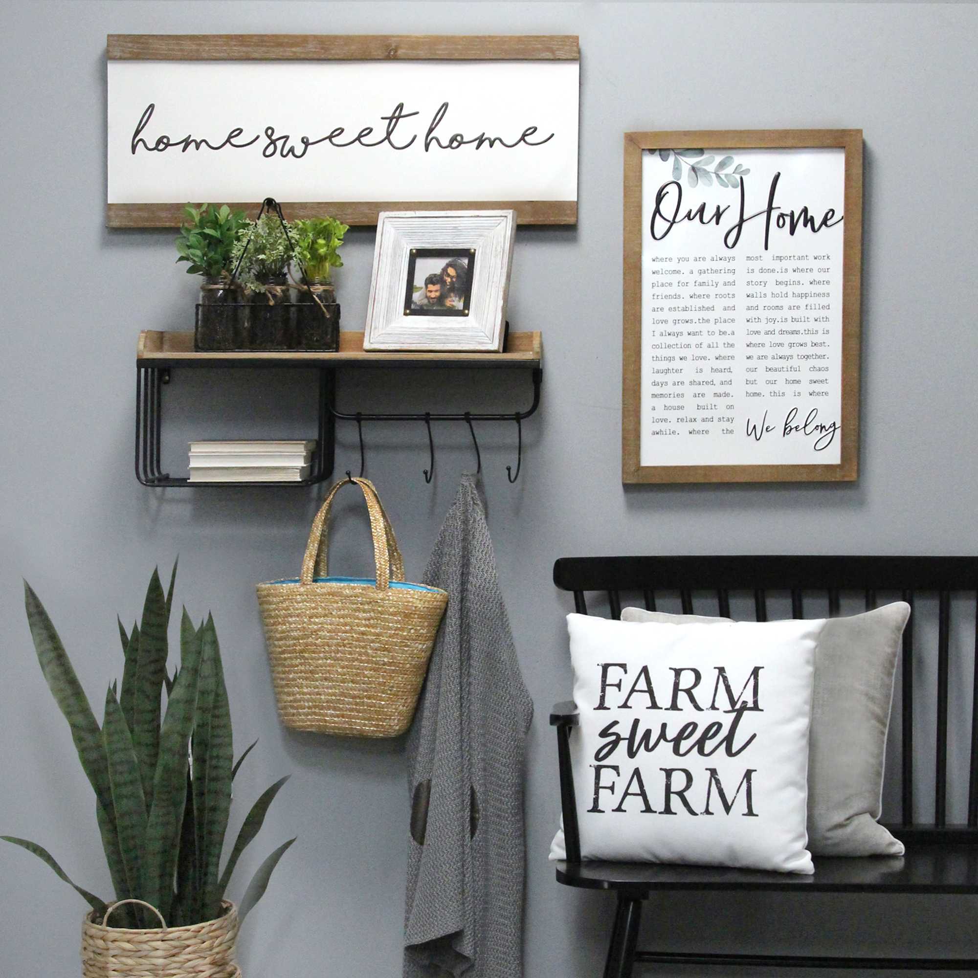 Modern Wood and Metal Wall Hanging Organizer with Sliding Hooks