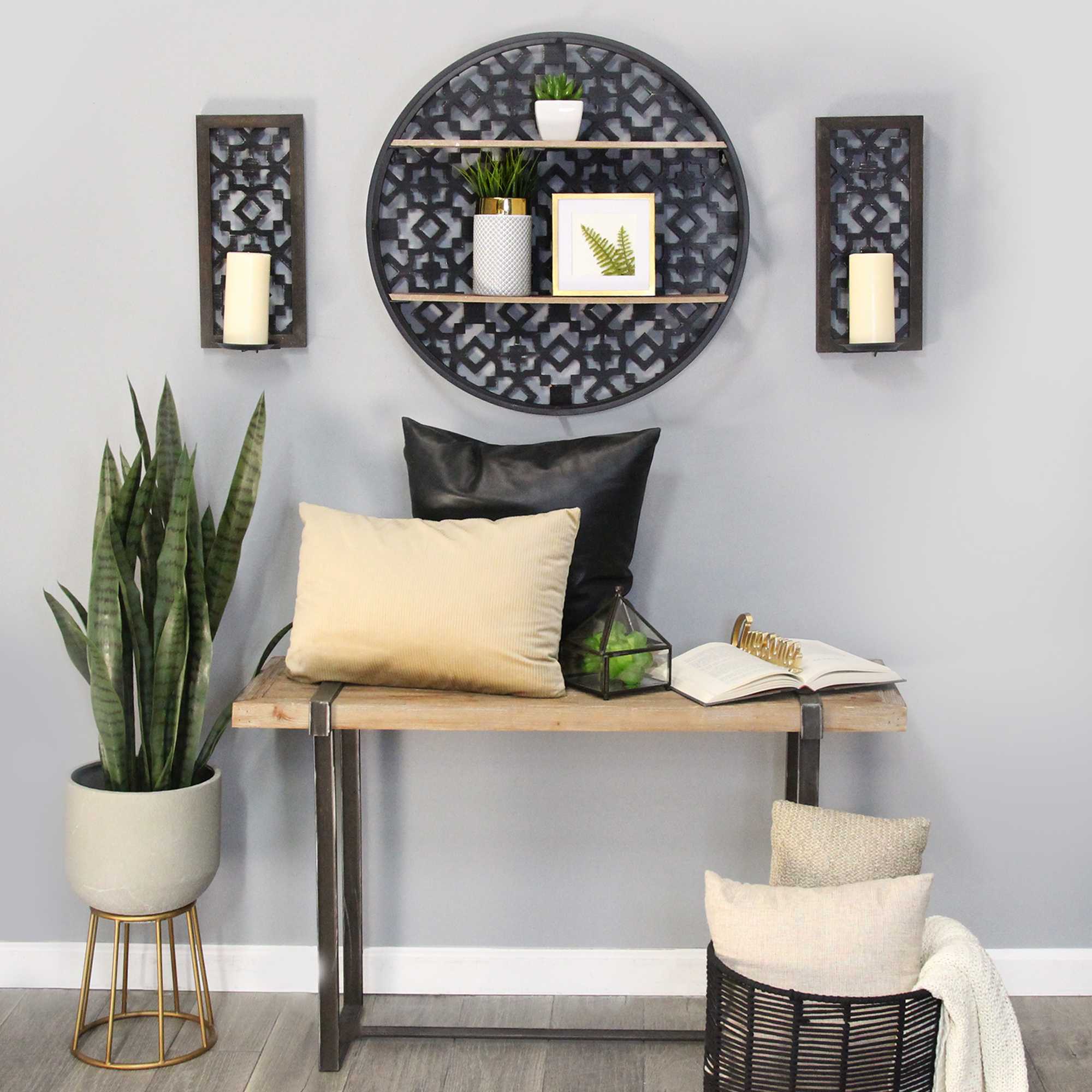 Black Boho Metal & Wood Framed Shelf