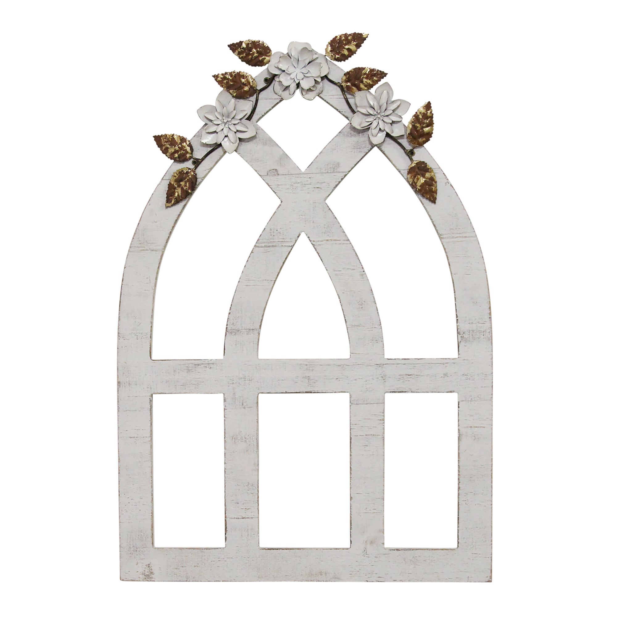 Distressed White Arch w/ Metal Flowers Wall Decor