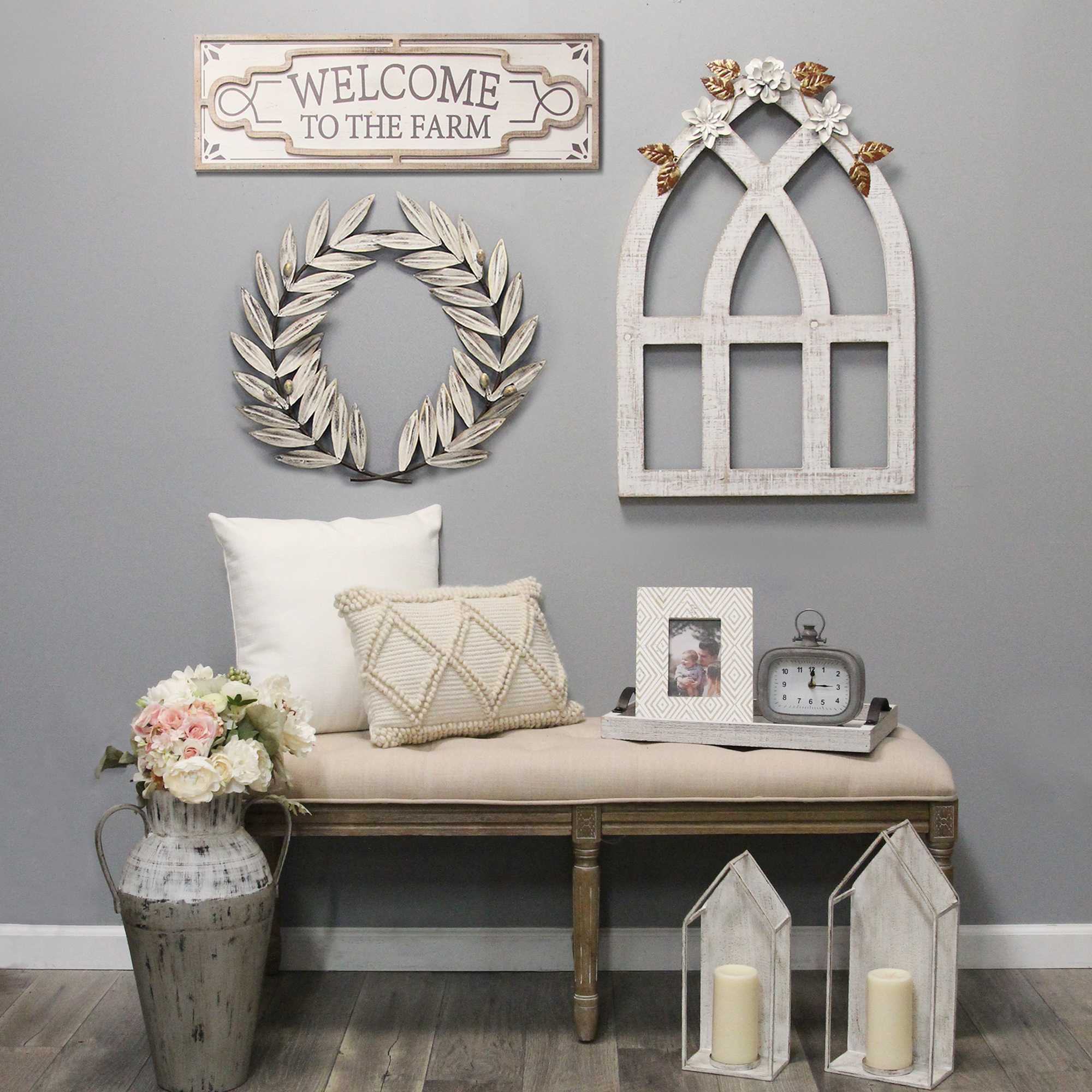 Distressed White Arch w/ Metal Flowers Wall Decor