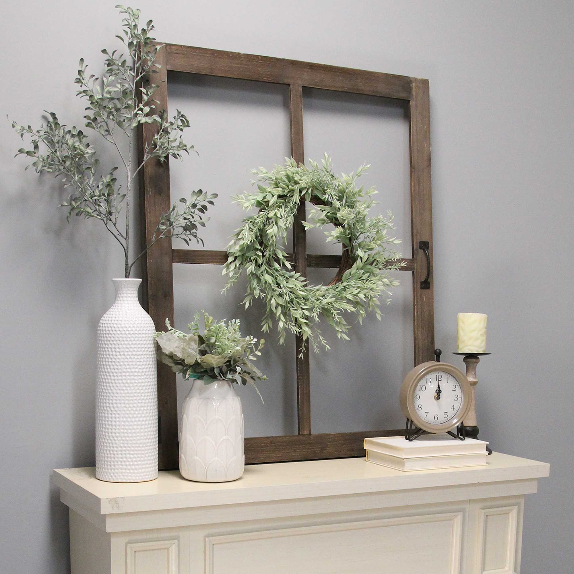 Walnut Wood Windowpane Wall Decor with Metal Hinges