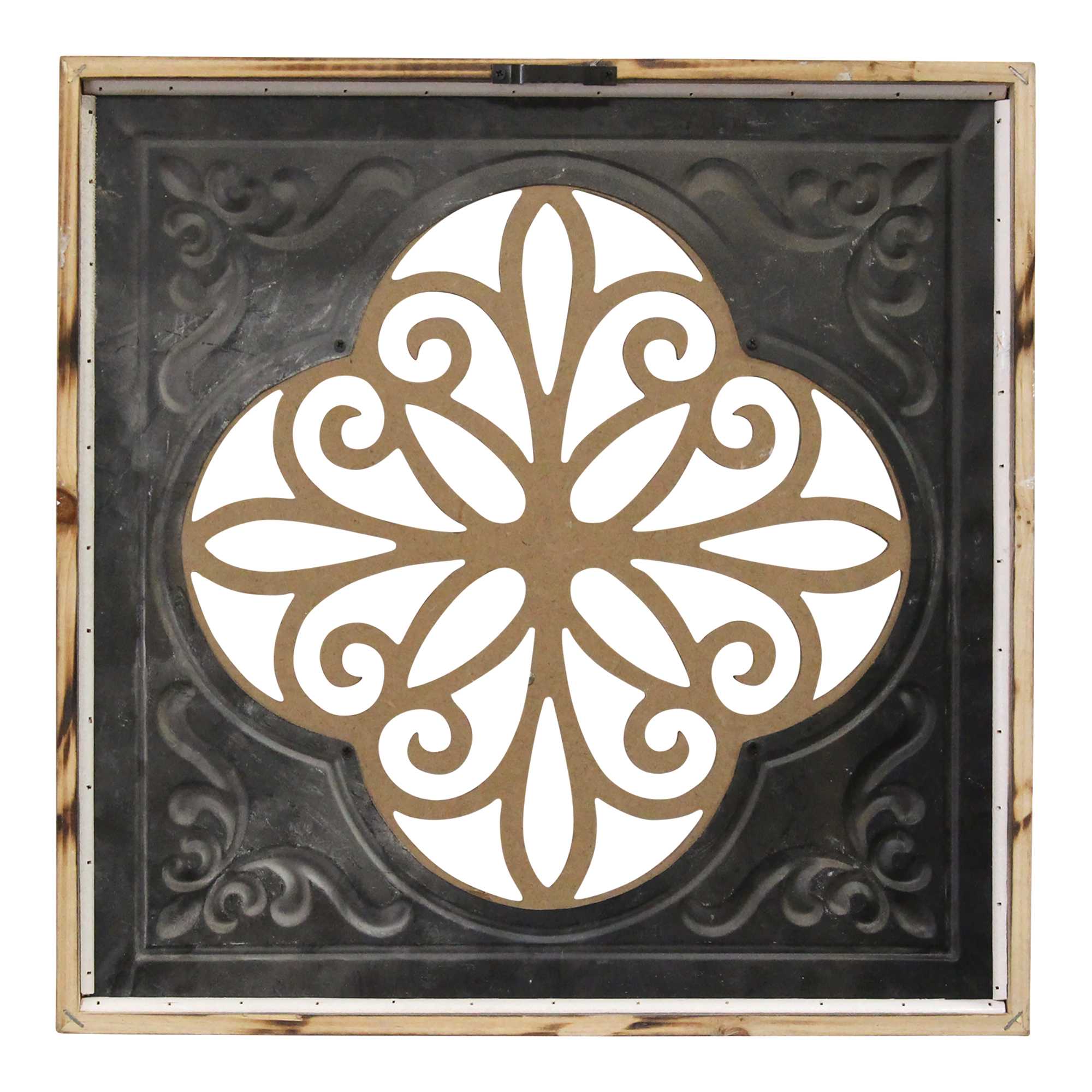 Distressed Blue Enamel Metal and Wood Framed Wall Art