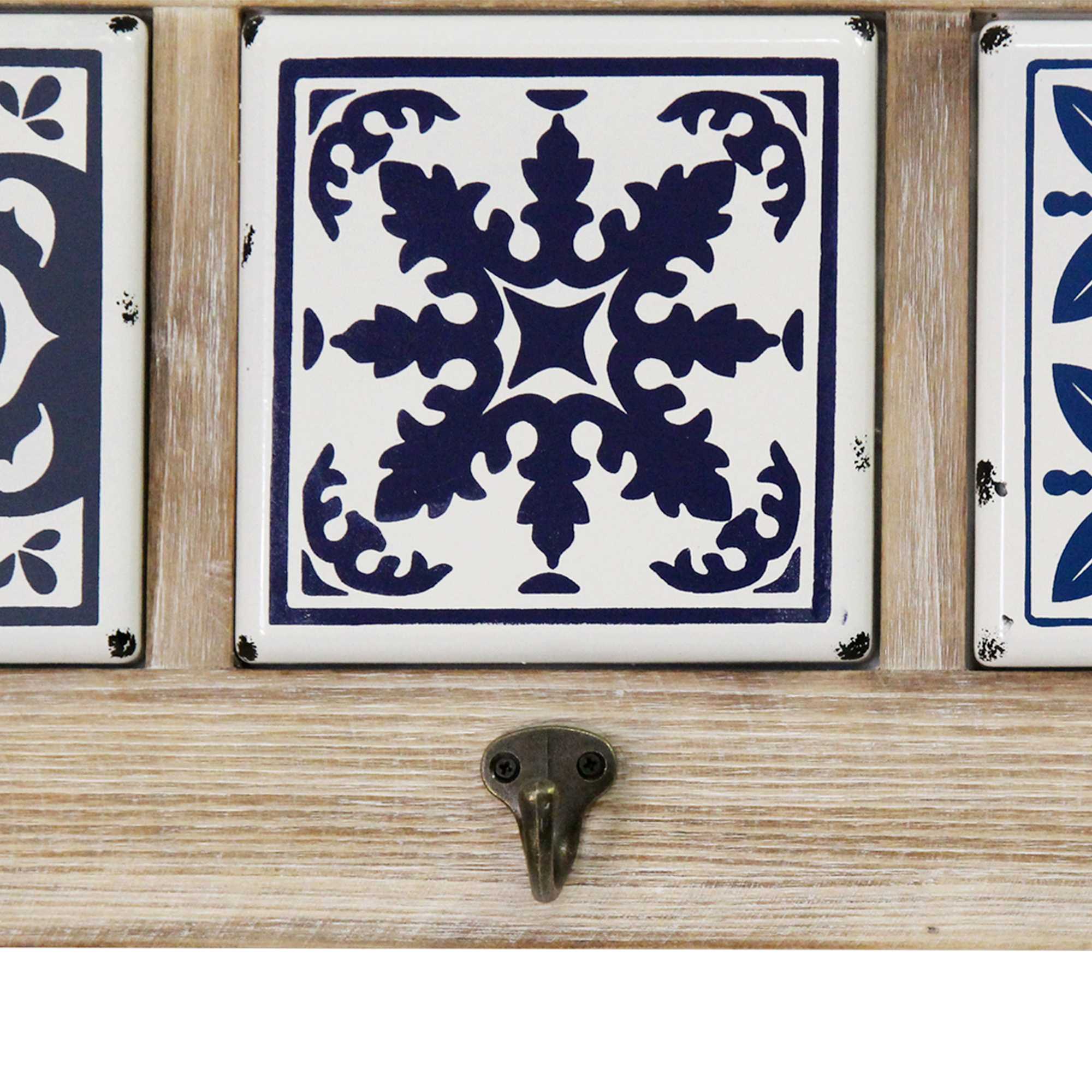 Blue and White Tile Wall Hanging with Metal Hooks