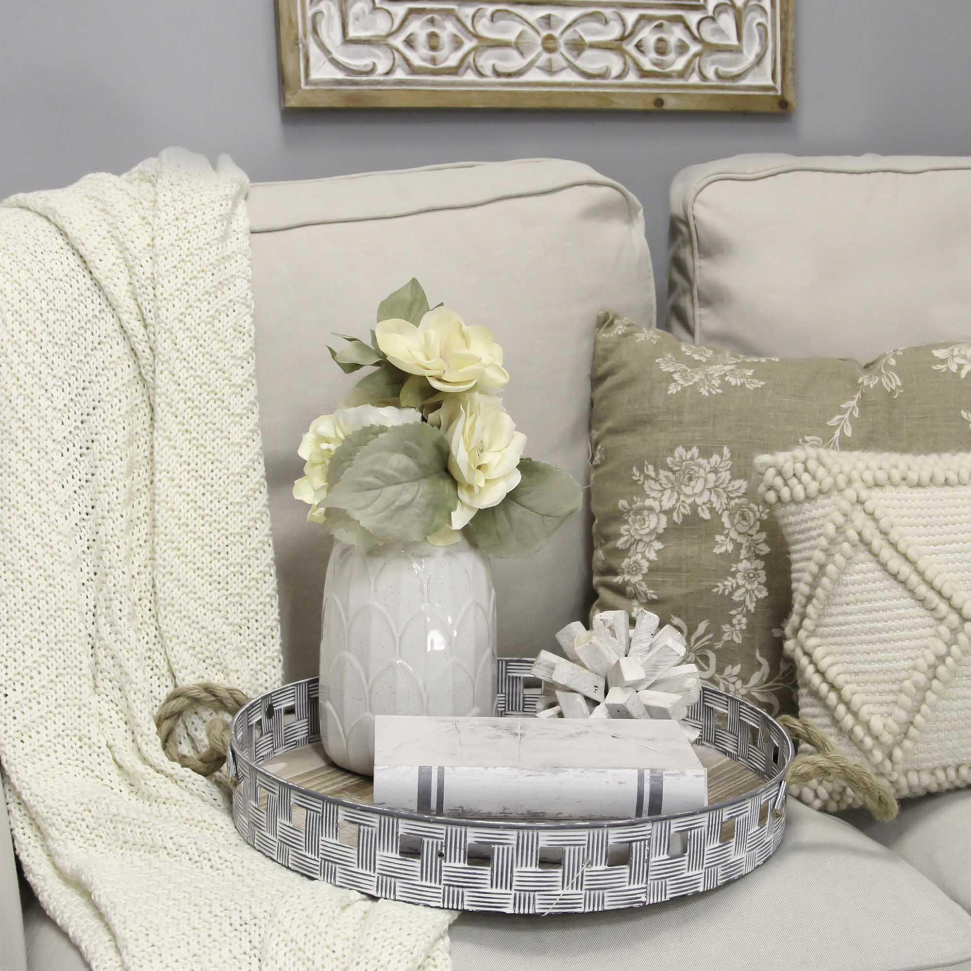 Grey Woven Metal and Wood Tray