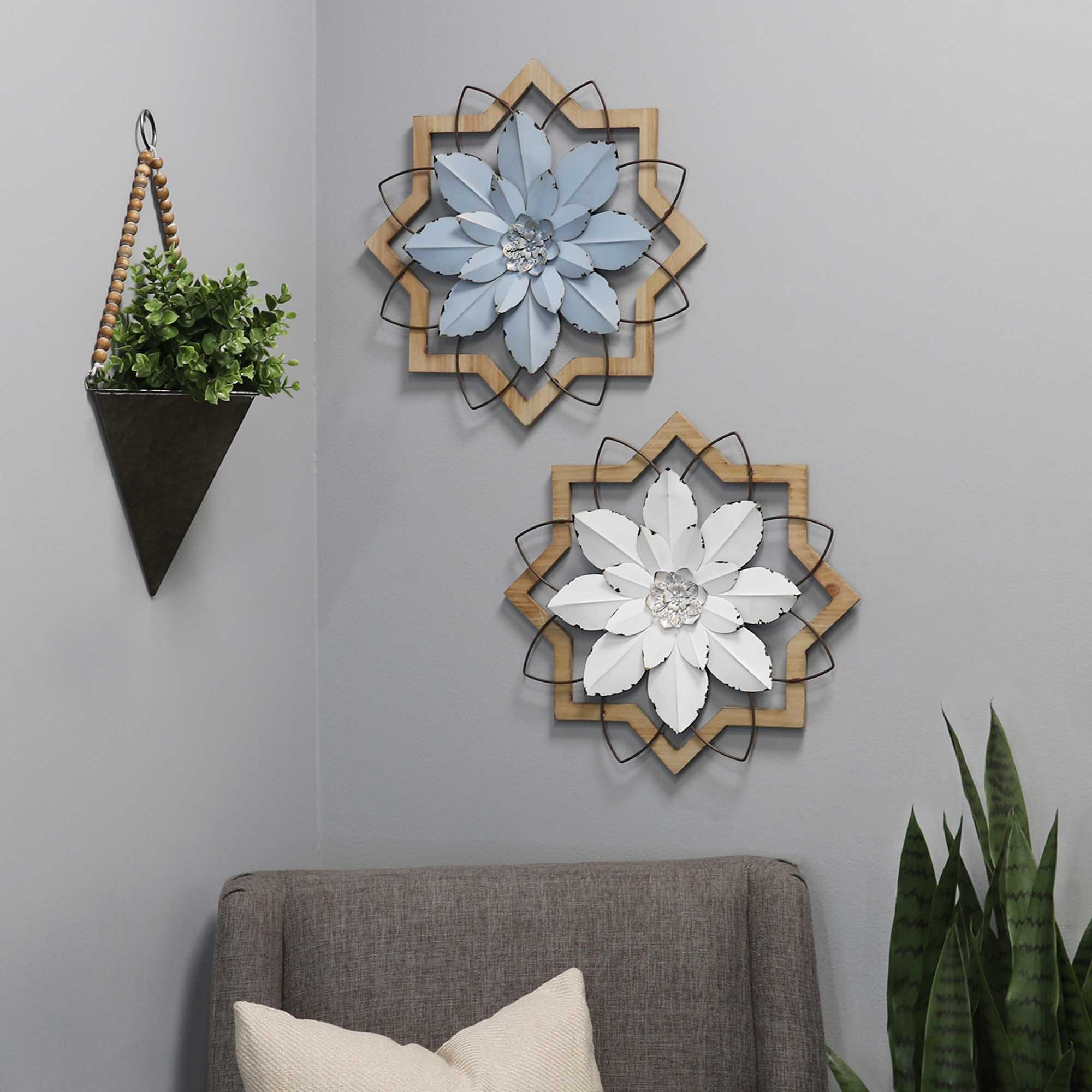 Metal White Flower & Wood Frame Wall Art