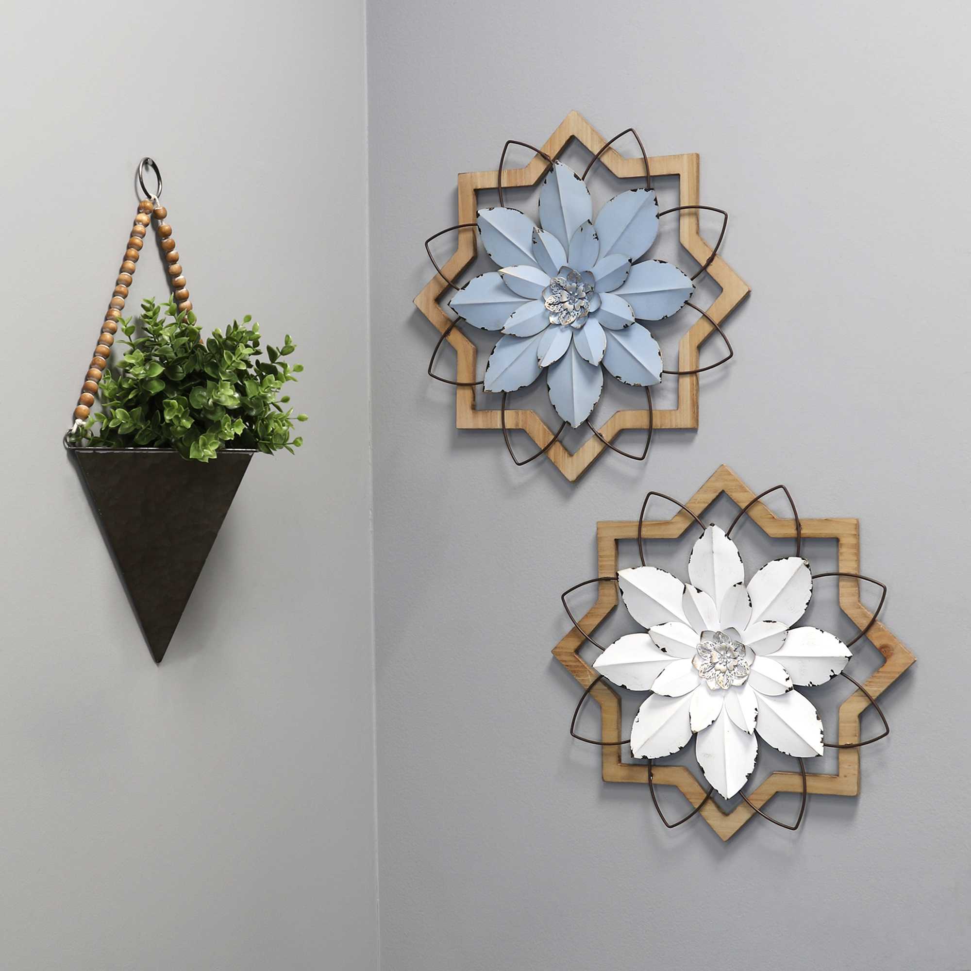 Metal White Flower & Wood Frame Wall Art