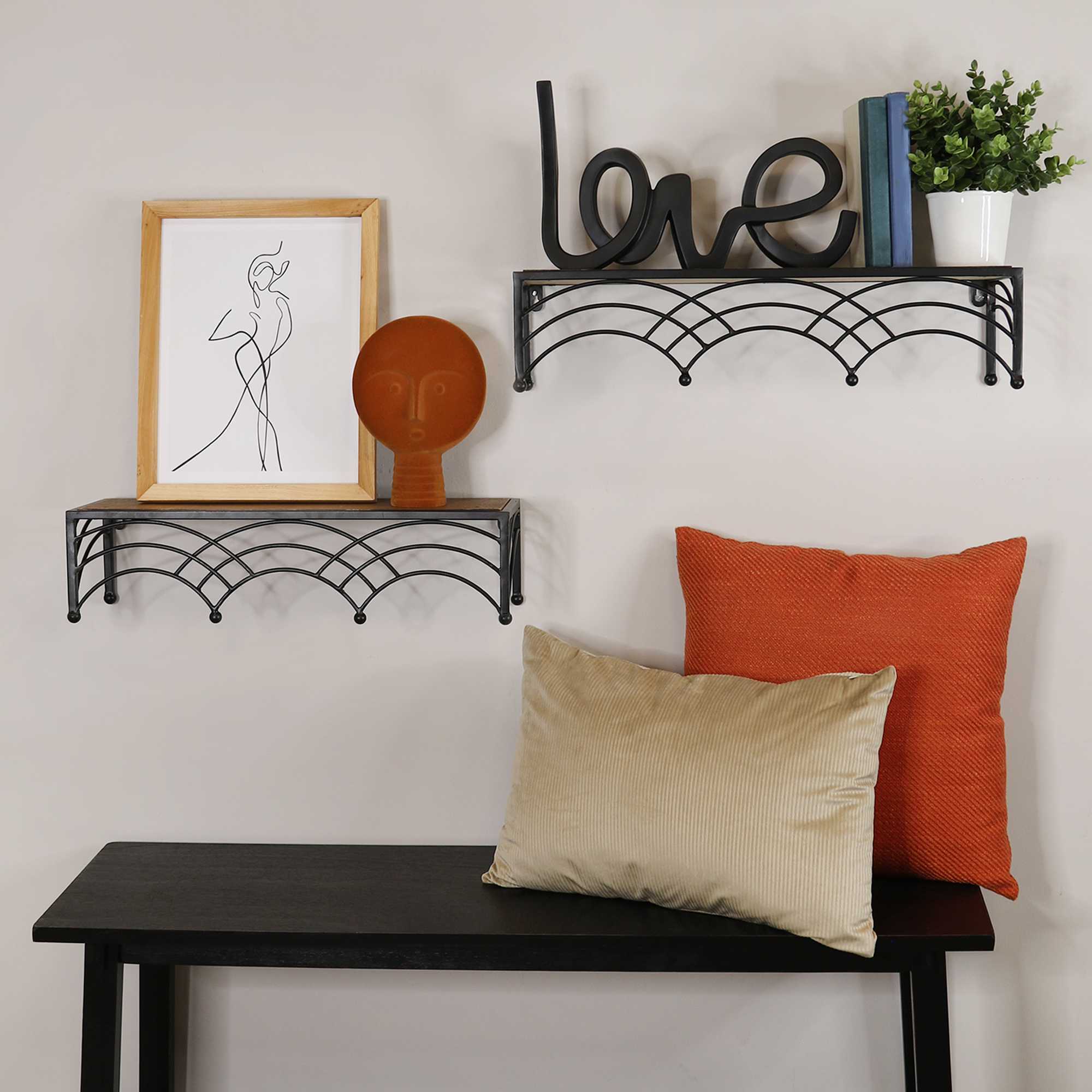 S/2 Wood & Metal Deco Arch Shelves