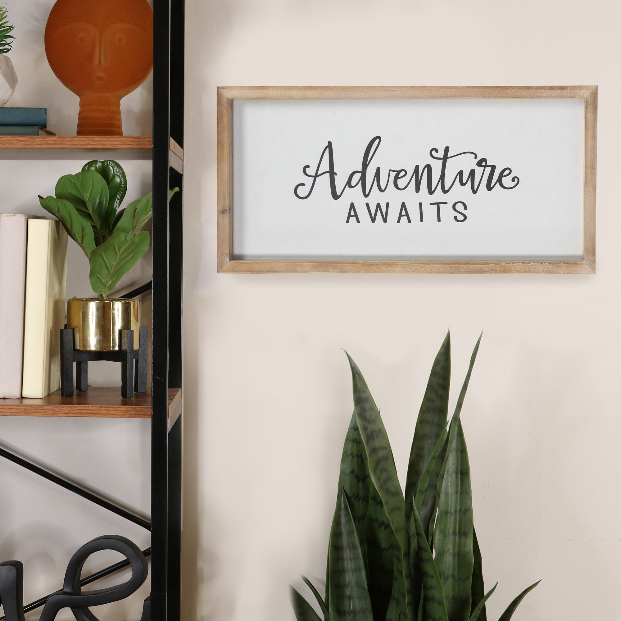 "Adventure Awaits" Natural White Wood Framed Wall Art