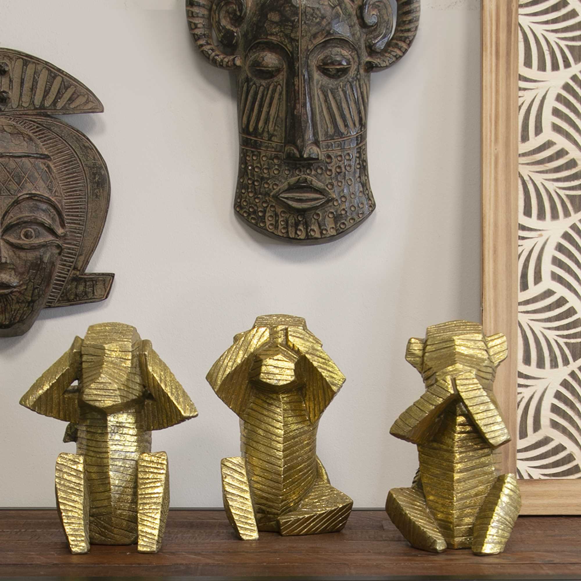 S/3 Gold Distressed Wise Monkey Sculptures