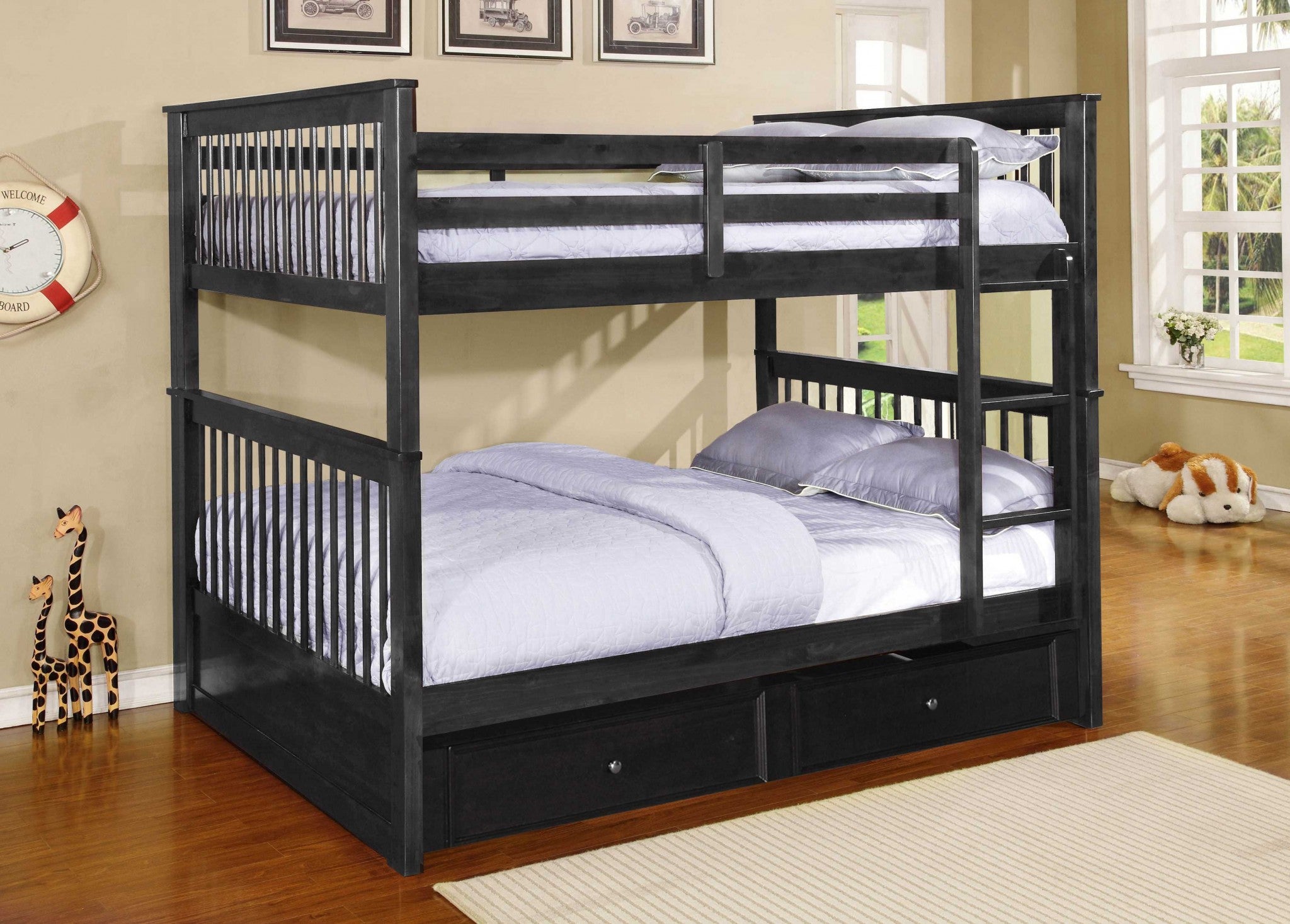 80.25" X 58.5" X 68.75" Charcoal Solid Wood and  Manufactured Wood Full or Full Bunk Bed with Trundle or Storage