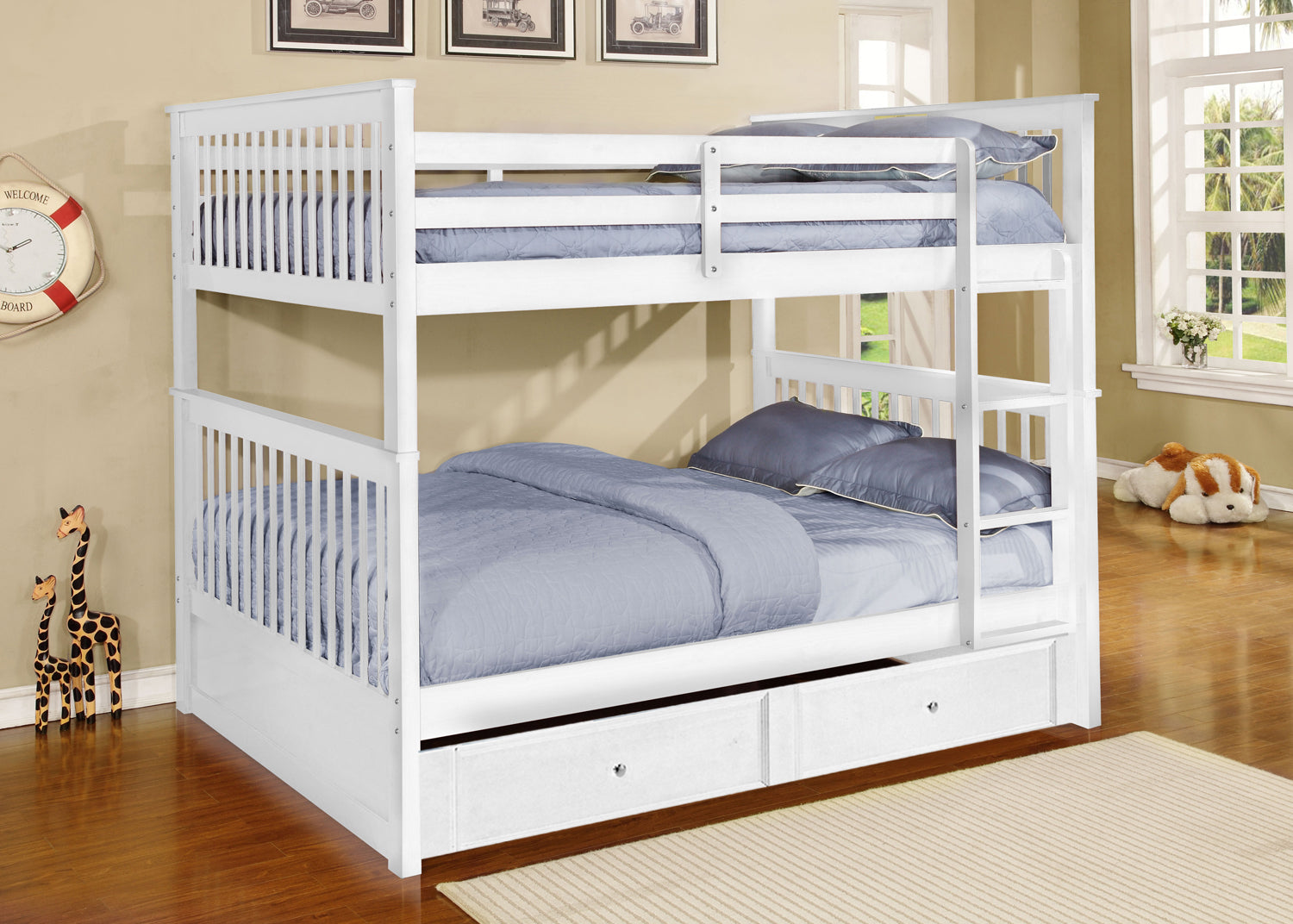 80.25" X 58.5" X 68.75" White Solid Wood and  Manufactured Wood Full or Full Bunk Bed with Trundle or Storage