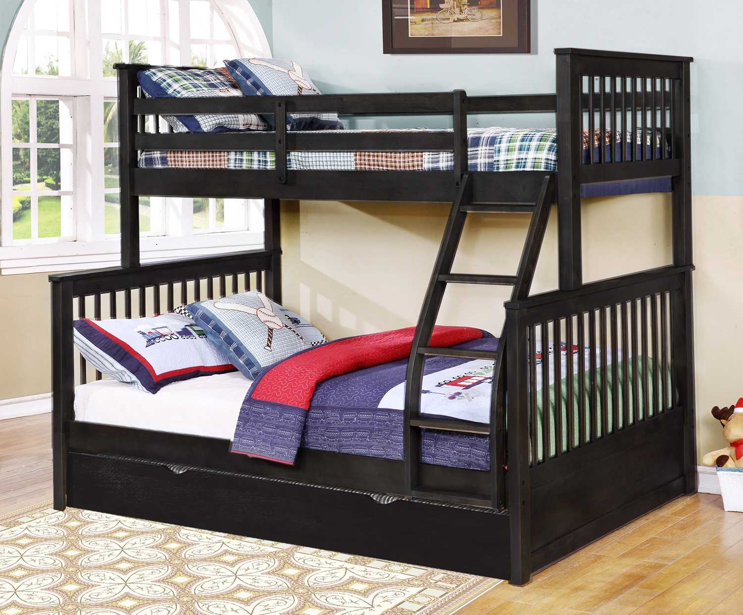 80.5" X 41.5-57.5" X 70.25" Charcoal Manufactured Wood and  Solid Wood Twin or Full Bunk Bed with Matching Trundle