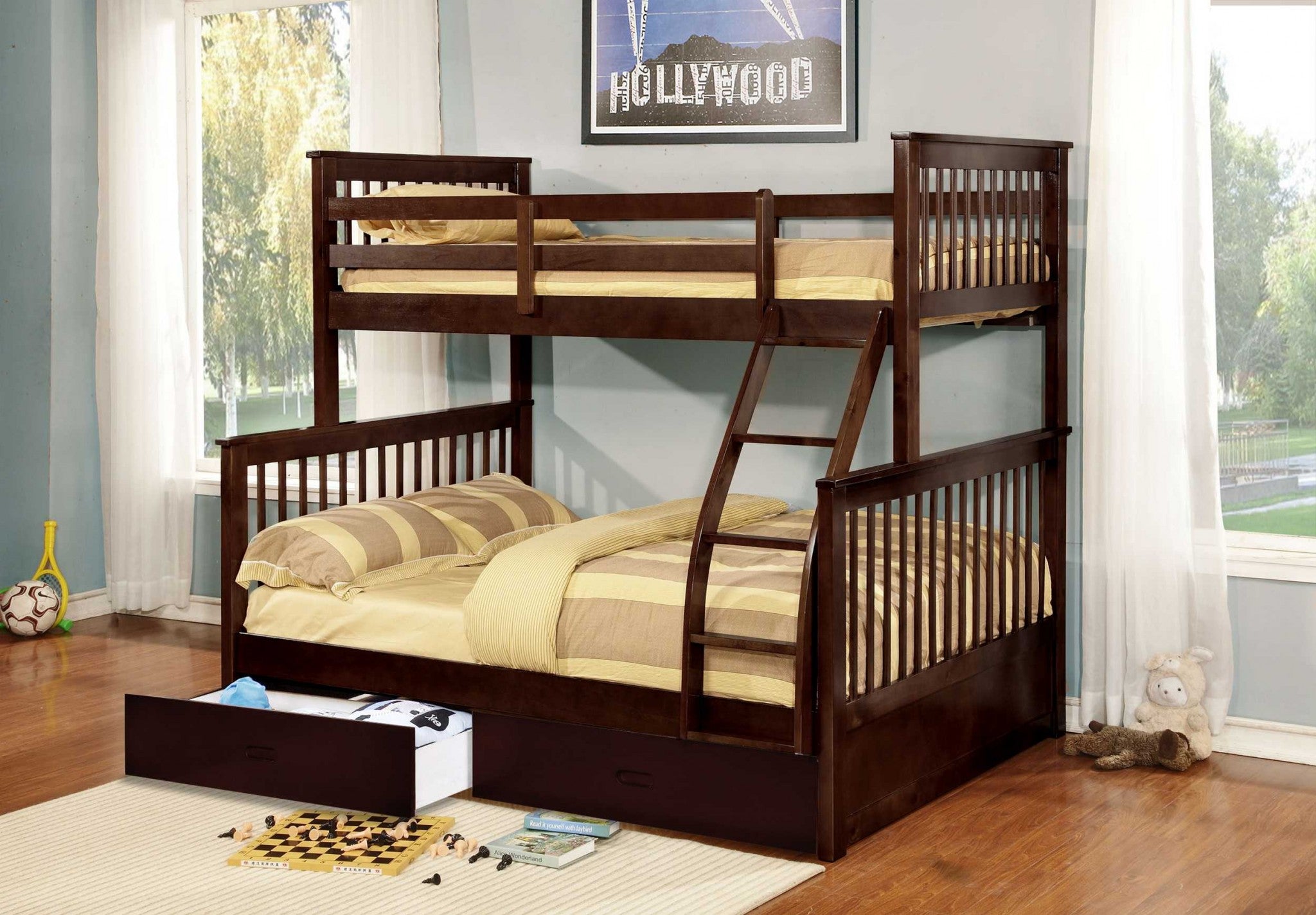 80.5" X 41.5-57.5" X 70.25" Brown Manufactured Wood and  Solid Wood Twin or Full Bunk Bed with 2 Drawers