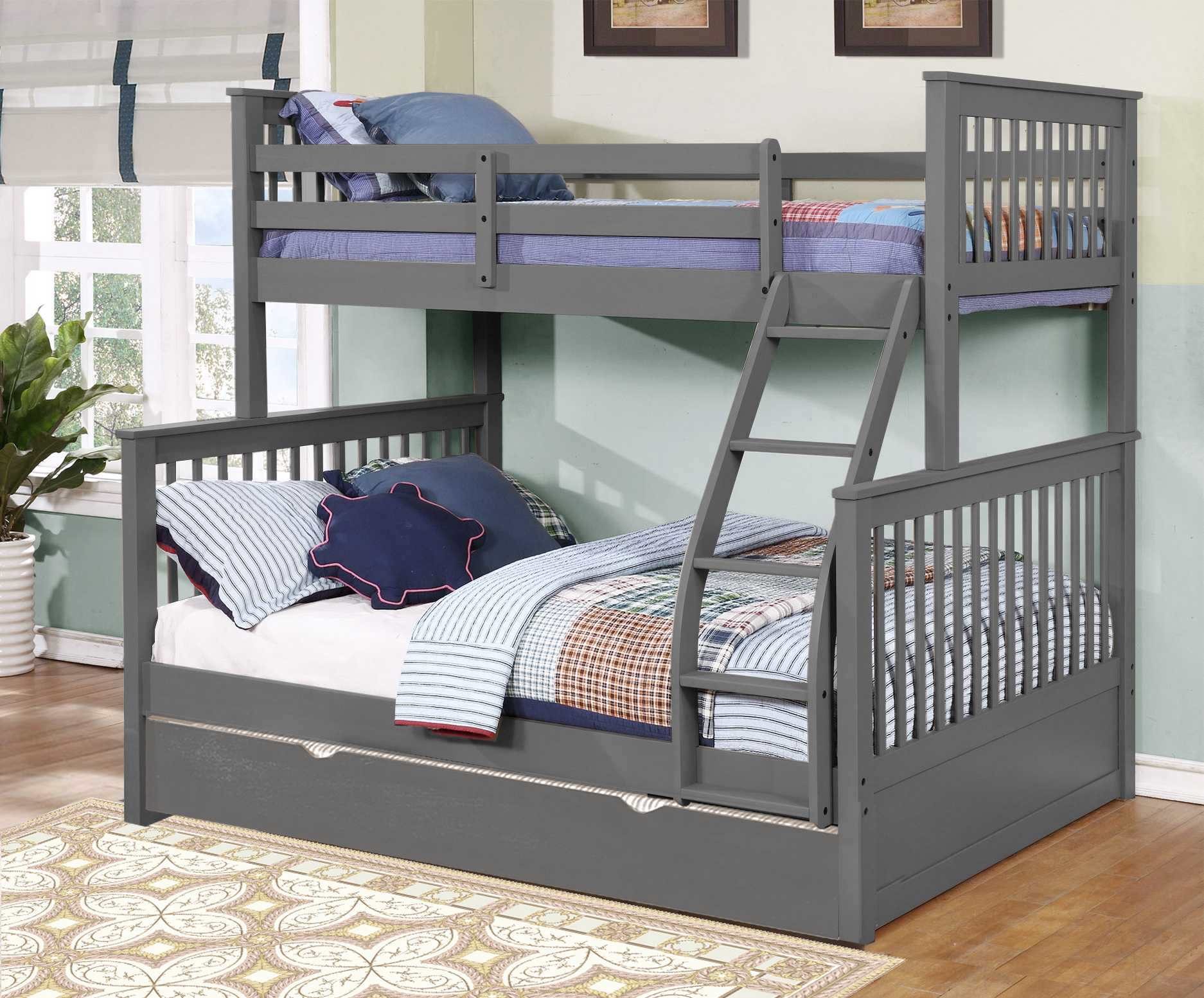 80.5" X 41.5-57.5" X 70.25" Grey Manufactured Wood and  Solid Wood Twin or Full Bunk Bed with Matching Trundle