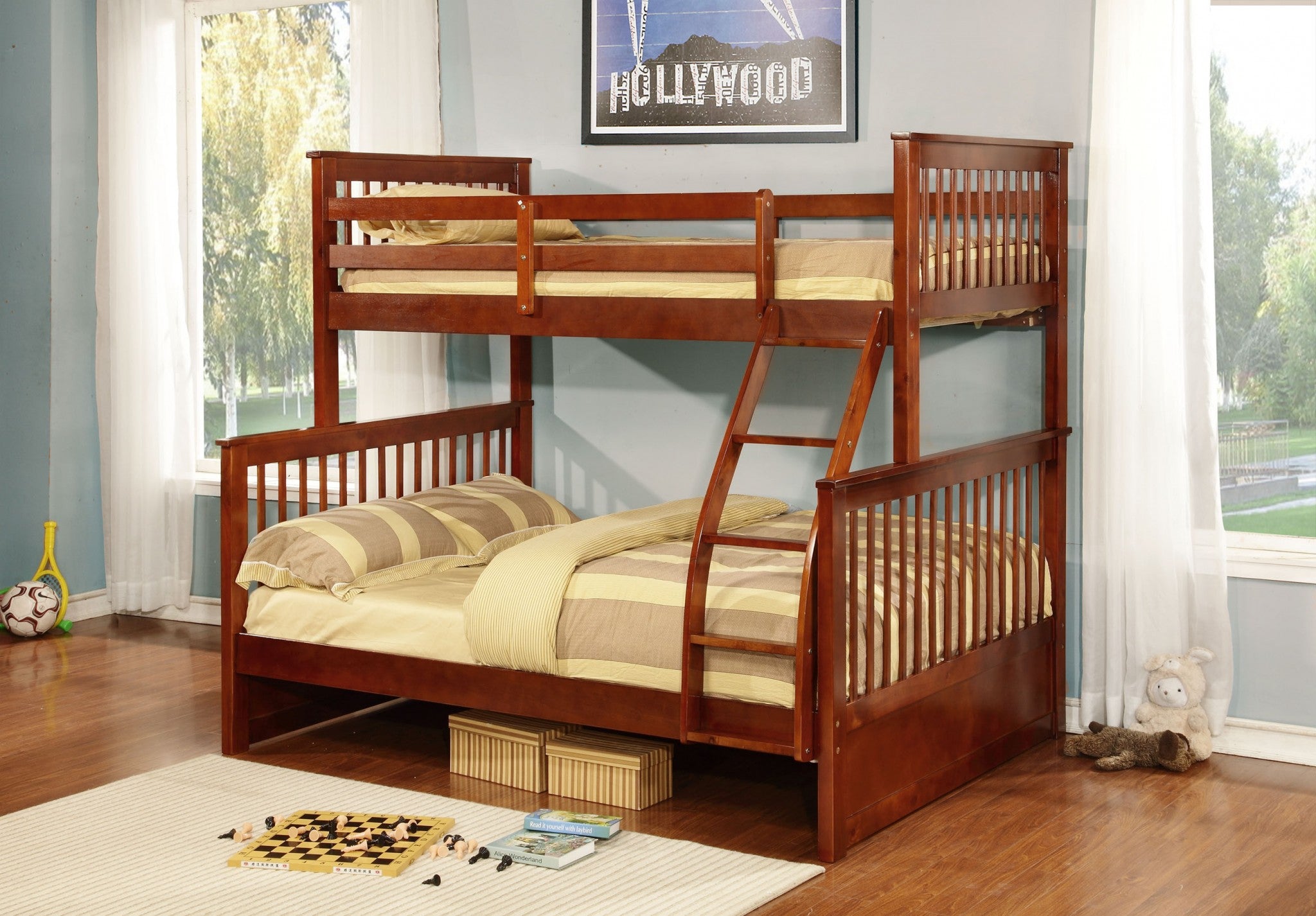 80.5" X 41.5-57.5" X 70.25" Walnut Manufactured Wood and  Solid Wood Twin or Full Bunk Bed