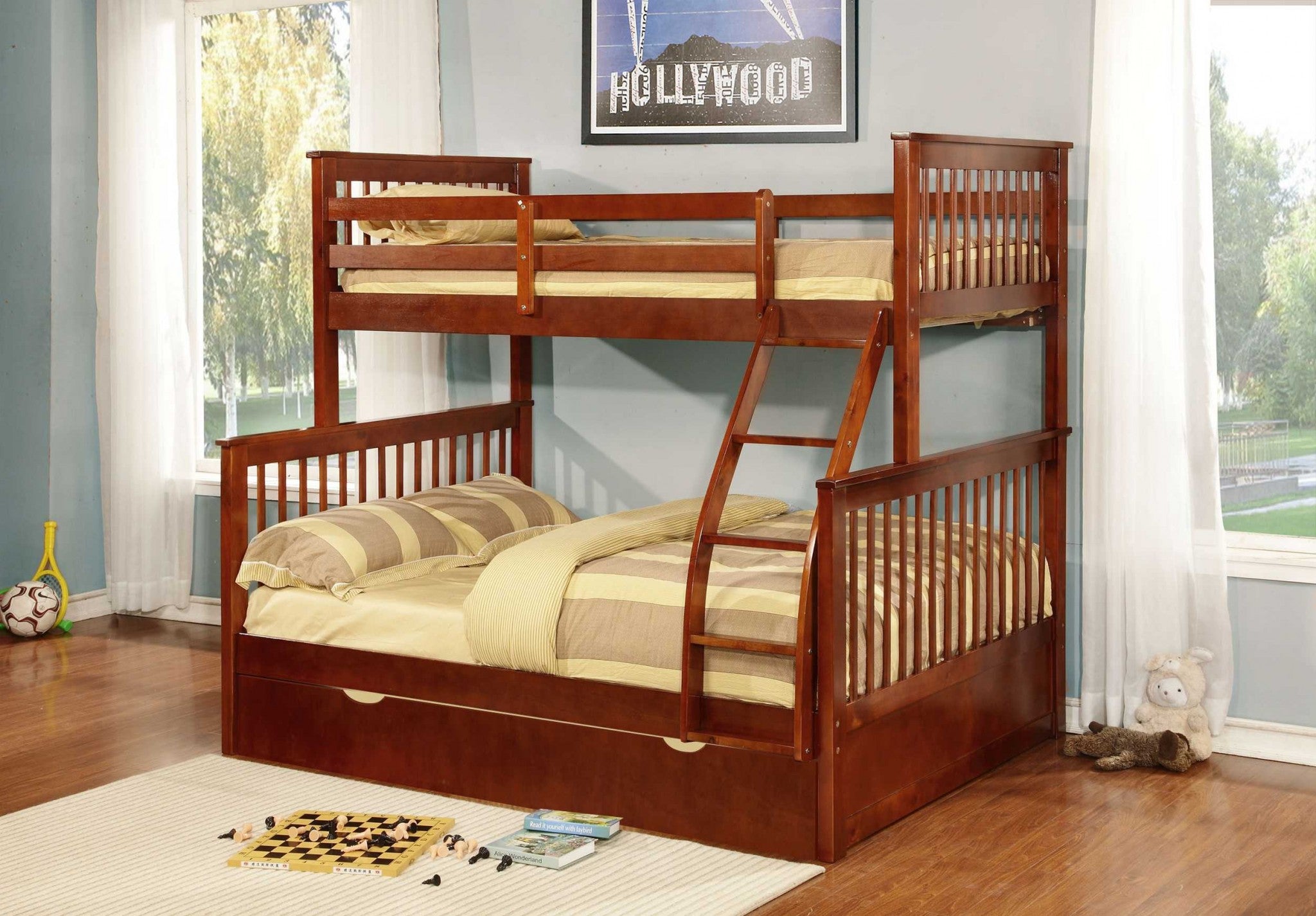 80.5" X 41.5-57.5" X 70.25" Walnut Manufactured Wood and  Solid Wood Twin or Full Bunk Bed with Matching Trundle