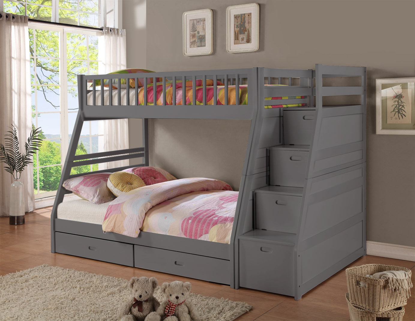 81" X 59" X 65" Grey Manufactured Wood and  Solid Wood Twin or Full Staircase Bunk Bed with Storage