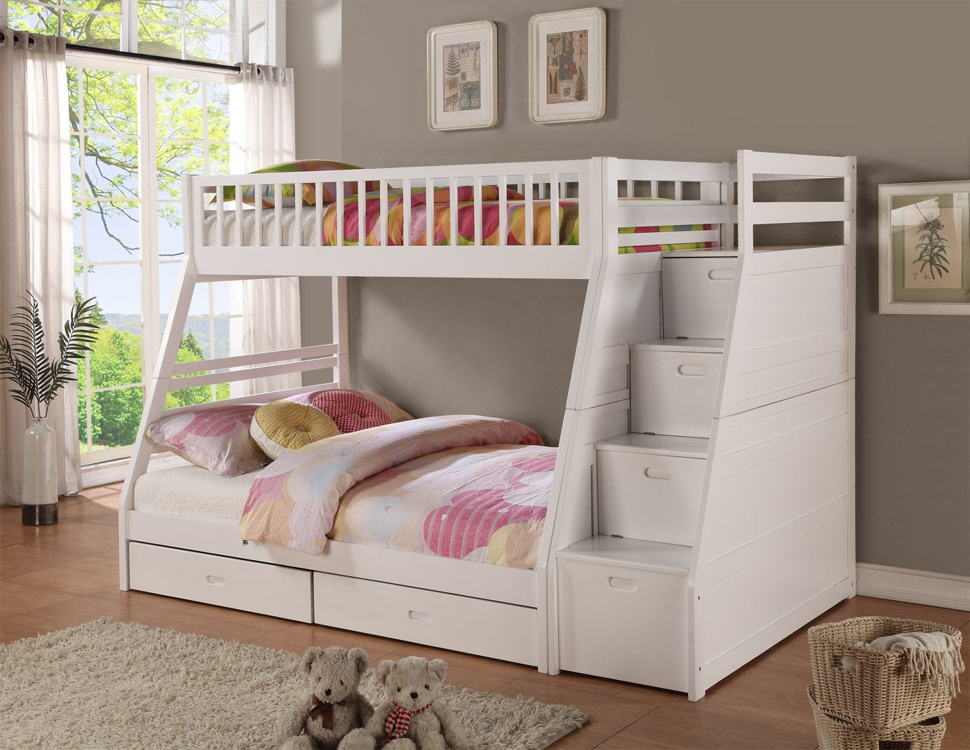 81" X 59" X 65" White Manufactured Wood and  Solid Wood Twin or Full Staircase Bunk Bed with Storage
