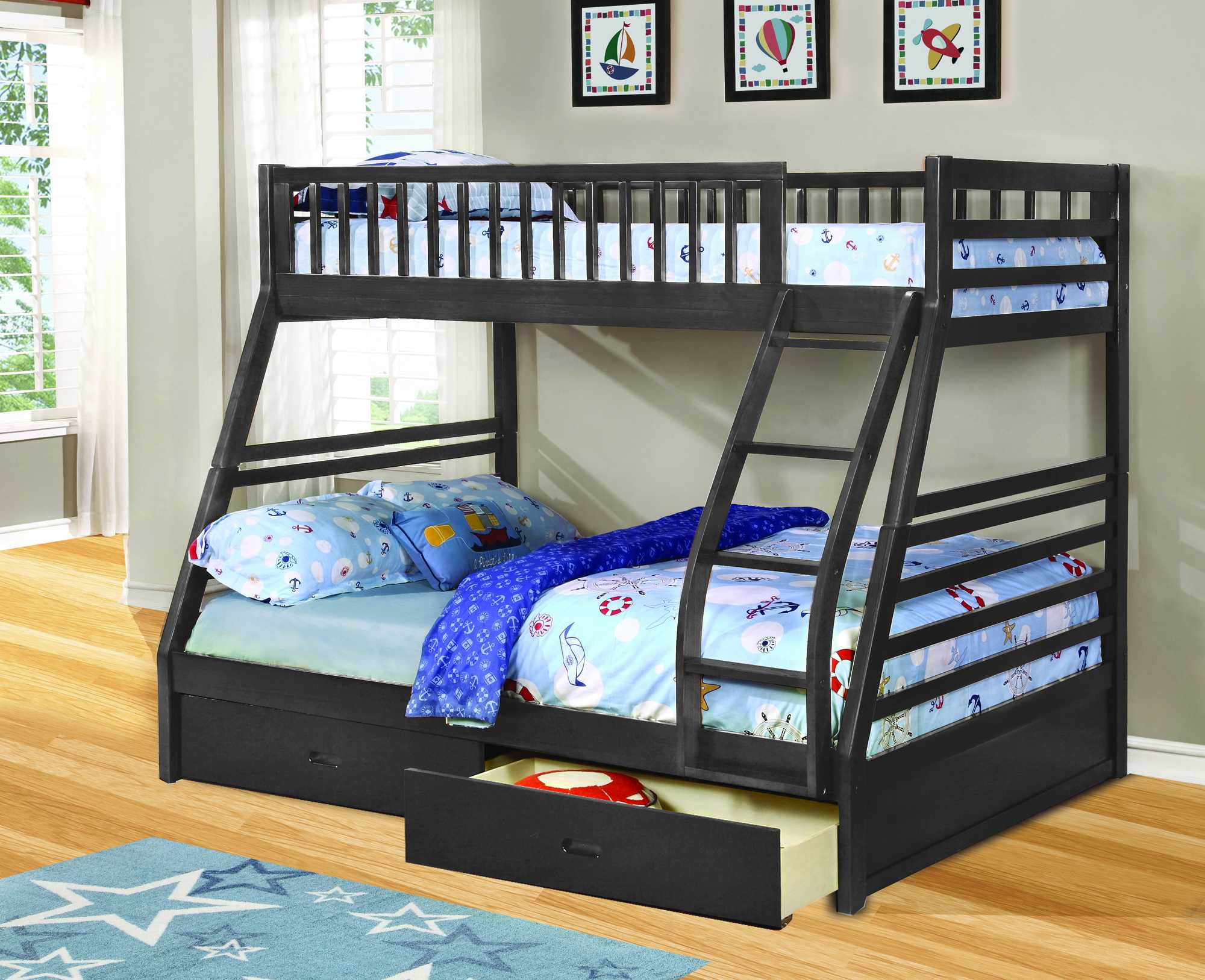 78.75" X 42.5-57.25" X 65" Grey Manufactured Wood and  Solid Wood Twin or Full Bunk Bed with 2 Drawers
