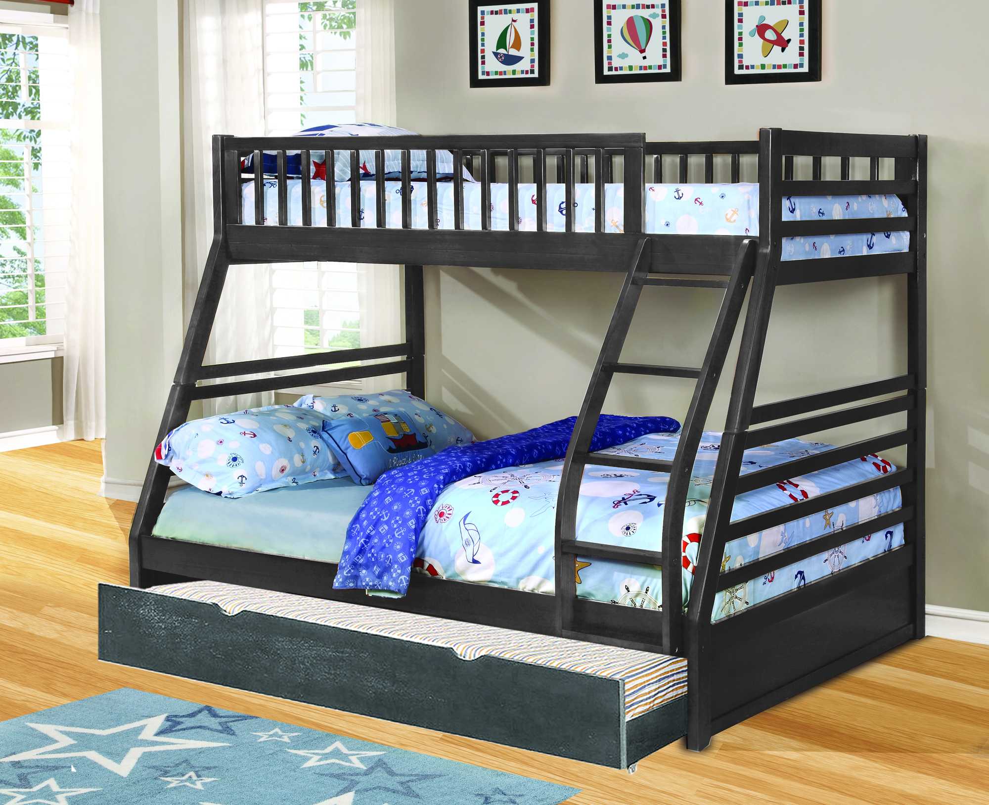 78.75" X 42.5-57.25" X 65" Grey Manufactured Wood and  Solid Wood Twin or Full Bunk Bed with Matching Trundle
