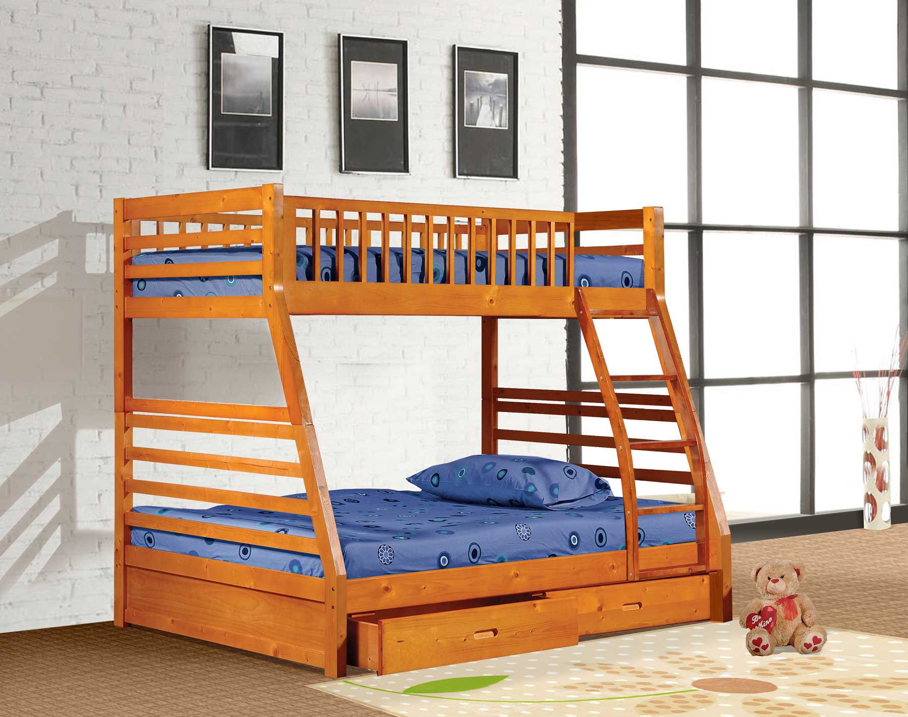 78.75" X 42.5-57.25" X 65" Oak Manufactured Wood and  Solid Wood Twin or Full Bunk Bed with 2 Drawers