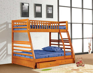 78.75" X 42.5-57.25" X 65" Oak Manufactured Wood and  Solid Wood Twin or Full Bunk Bed with 2 Drawers