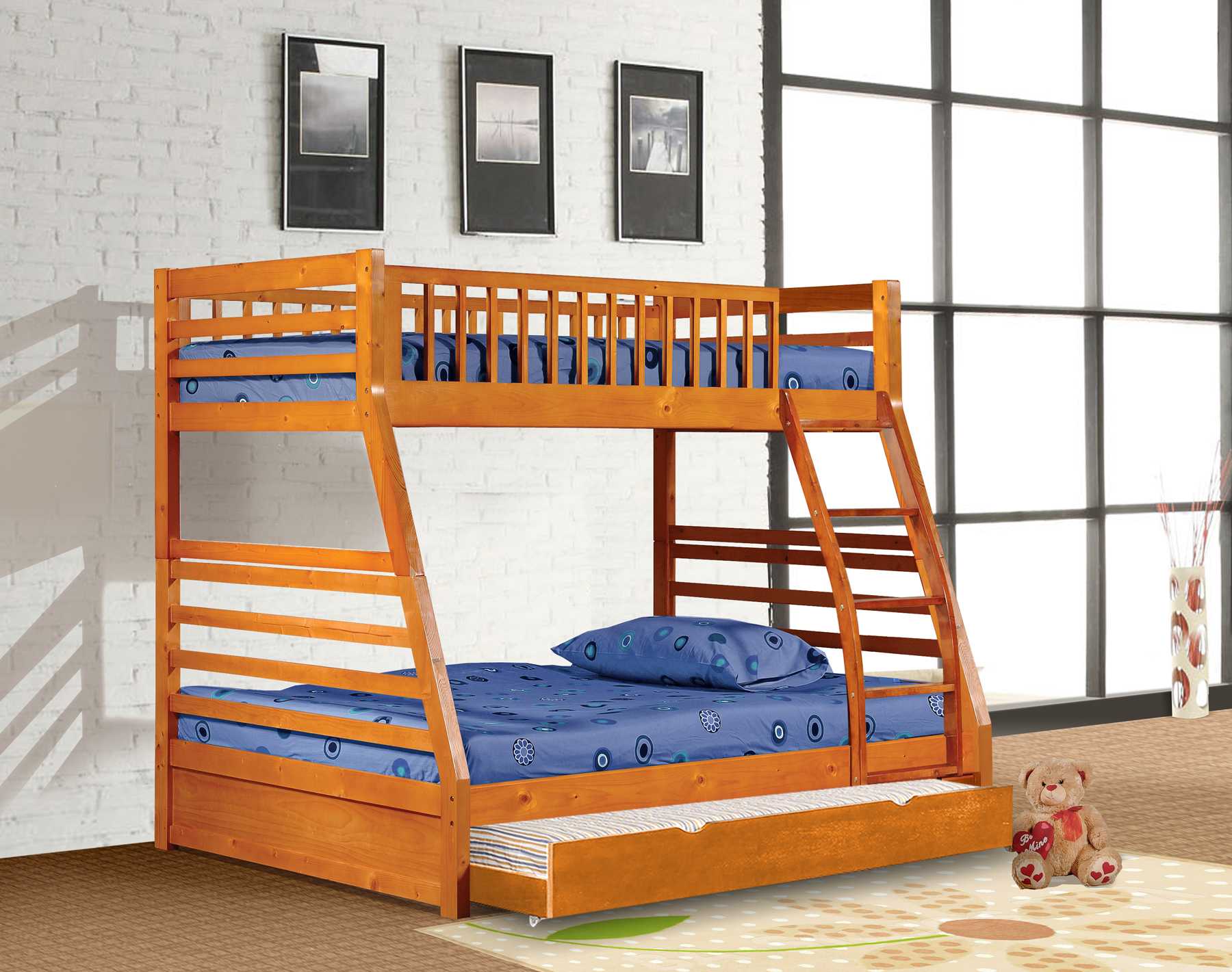 78.75" X 42.5-57.25" X 65" Oak Manufactured Wood and  Solid Wood Twin or Full Bunk Bed with Matching Trundle