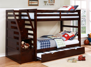 77.75" X 43.5" X 62.5" Brown Manufactured Wood and  Solid Wood Twin or Twin Staircase Bunk Bed with Trundle & Storage Steps