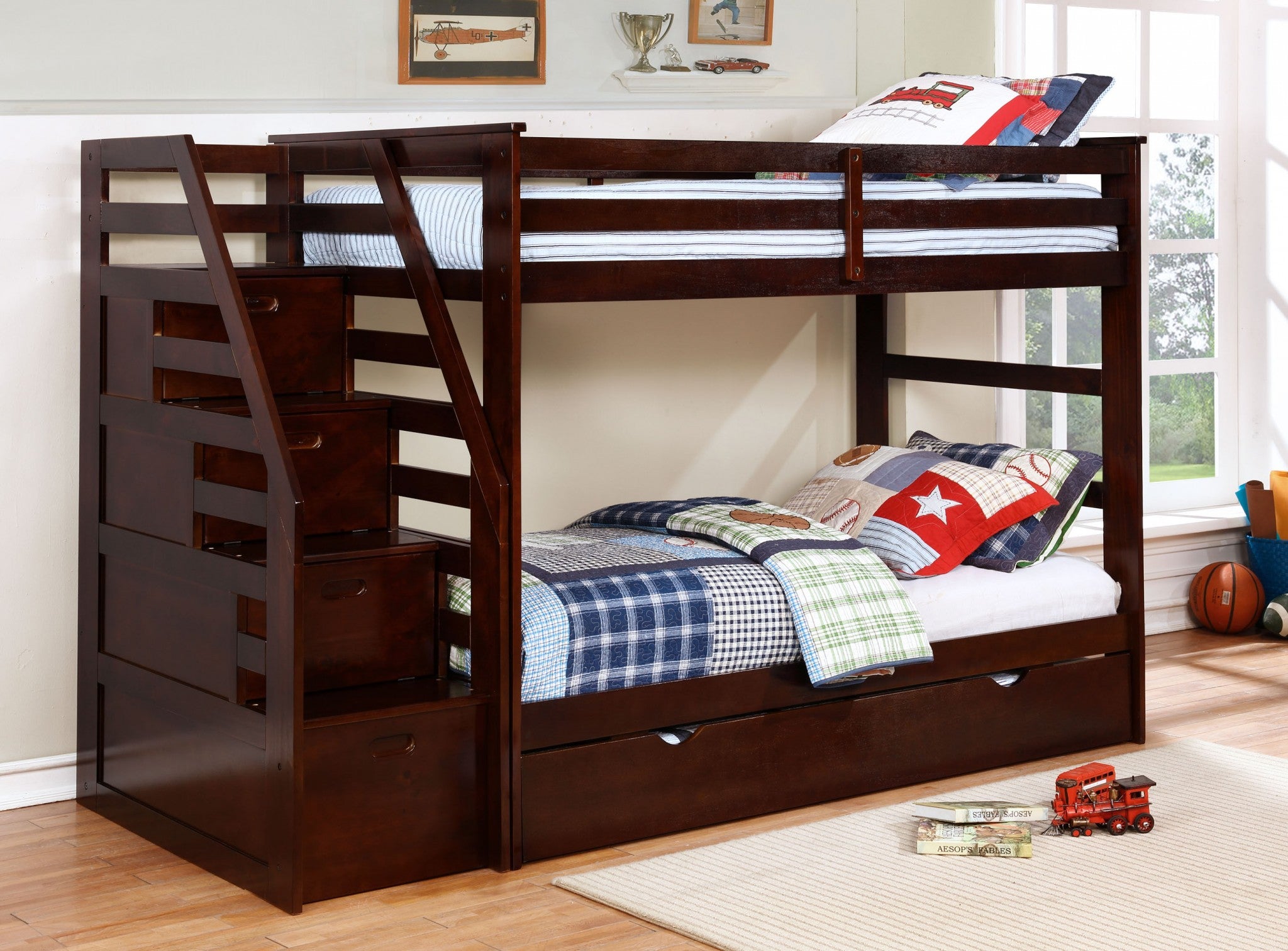 77.75" X 43.5" X 62.5" Brown Manufactured Wood and  Solid Wood Twin or Twin Staircase Bunk Bed with Trundle & Storage Steps